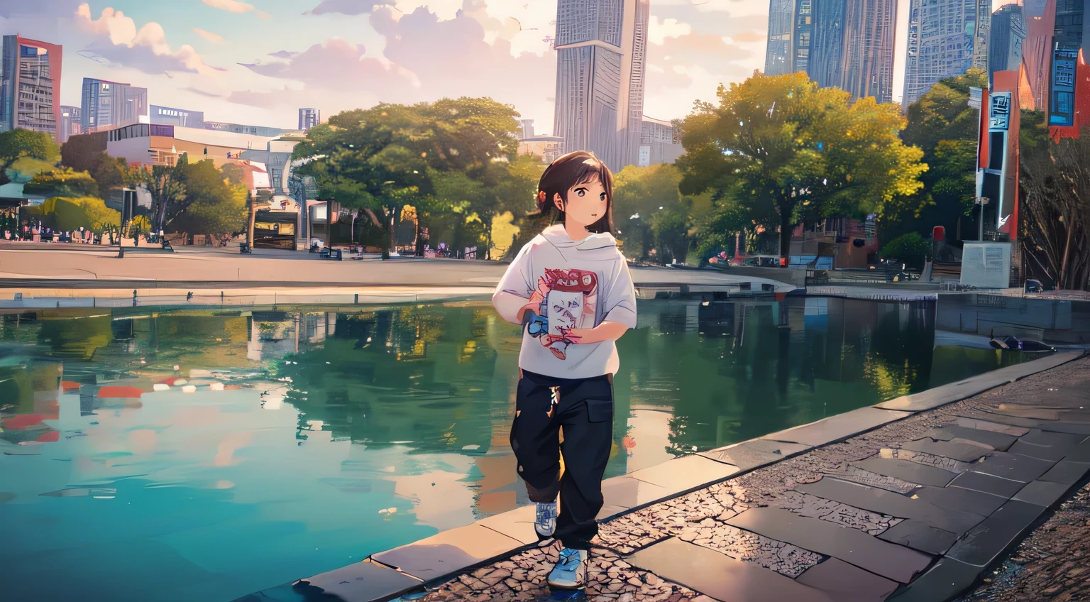 There is a young girl standing on the sidewalk near the pond, in city park, There is a park behind, In the background is a park, in the park, In the park, child, In the park and next to a lake, li zixin, xintong chen, jinyiwei, park in background, on city streets