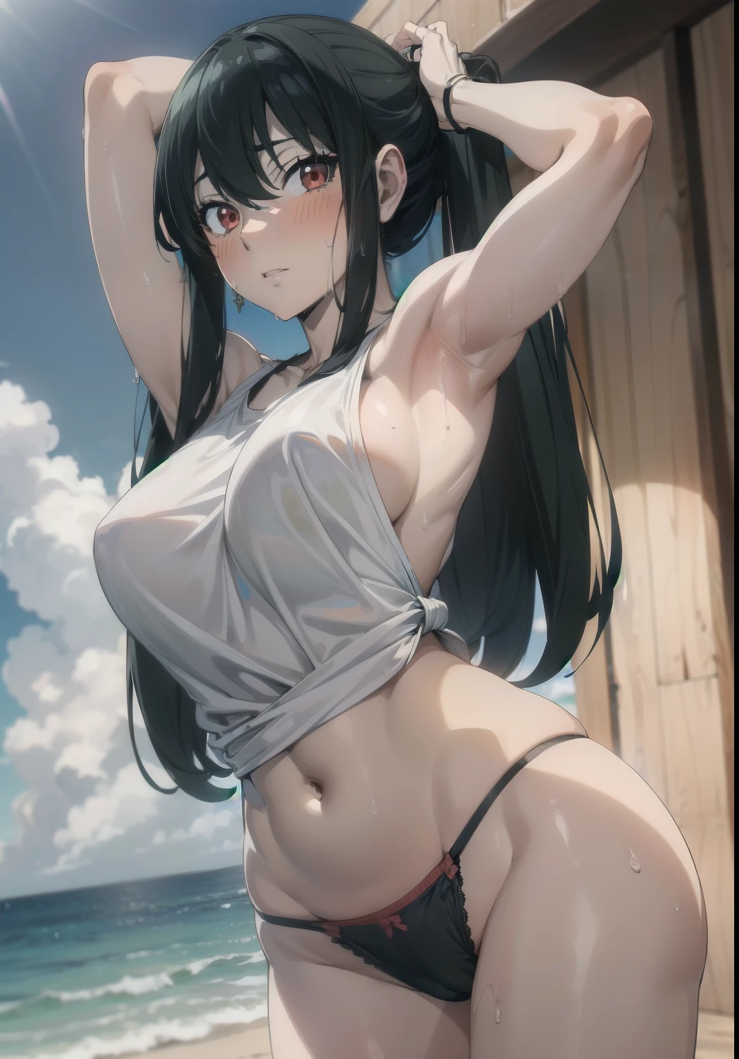 (masterpiece), (best quality), (ultra-detailed), (extremely detailed cg), (a extremely delicate), (perfect lighting), (8k), (dynamic angle), (sharp image), vibrant colors, female, masterpiece, best quality, depth of field, cinematic lighting, masterpiece, best quality, ultra-detailed, colorful, vibrant, large breasts, thighs, mature female, solo, (masterpiece, best quality, high resolution, animescreencap, anime colored,), (perfect anatomy, beautiful detailed eyes, beautiful detailed body, beautiful breast, shiny skin), the sexy anime woman is standing outside, (white tank top),(white laced panties),yor forger (SpyXfamily), 1girl,long hair, ponytail, black hair, side bangs, (red eyes), medium breasts,((sweaty body)) , ((wet skin)), very wet skin, shy expression, blushing,body abs, outdoors, seaside, beach sand, blue skies, sunlight, arms behind head, sweaty armpits, super wet skin, show both armpits, dynamic pose, erotic pose, looking at viewer,