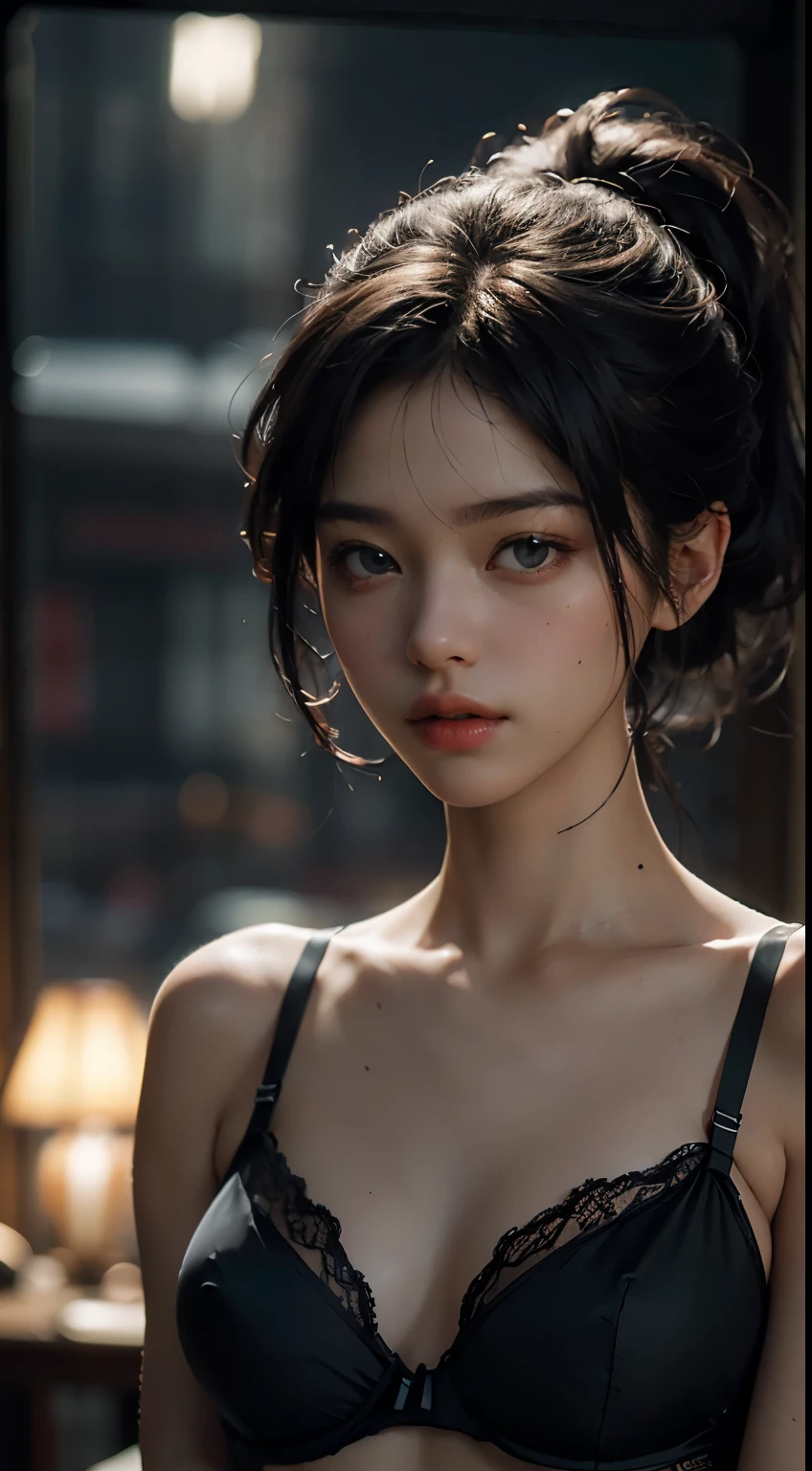 Best quality, masterpiece, ultra high res, (photorealistic:1.4), raw photo, 1girl, lingerie, cinematic lighting, high ponytail