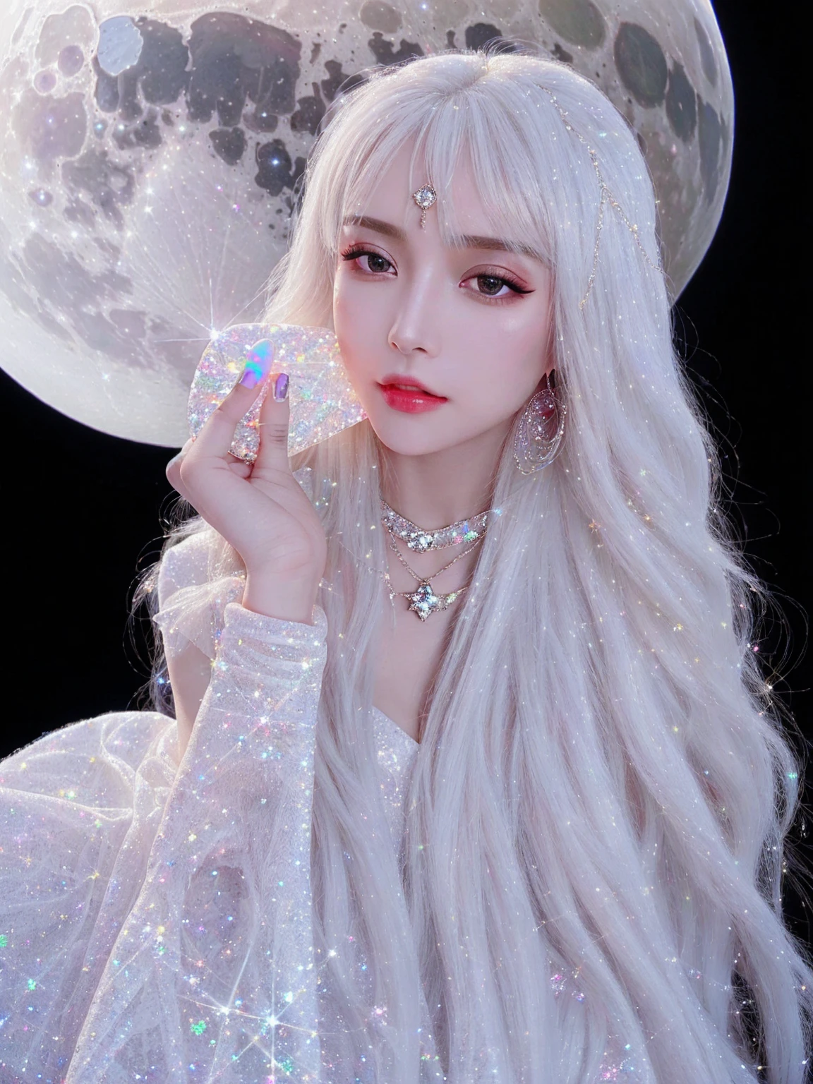 {-erro_de_anatomia:1.0} masterpiece, highest quality, (perfect face:1.1, (high detail)1.1, sweet stardust vampire , long soft white hair, opal eyes, perfectly drawn face, black dress, stars detailed background, prismatic lighting, glitter, whole bod., sitting on the moon, holding a crystal star in her hands, 