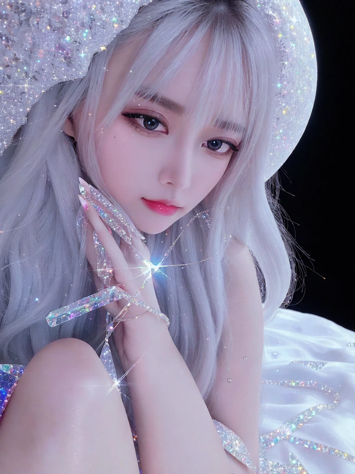 {-erro_de_anatomia:1.0} masterpiece, highest quality, (perfect face:1.1, (high detail)1.1, sweet stardust vampire , long soft white hair, opal eyes, perfectly drawn face, black dress, stars detailed background, prismatic lighting, glitter, whole bod., sitting on the moon, holding a crystal star in her hands, 