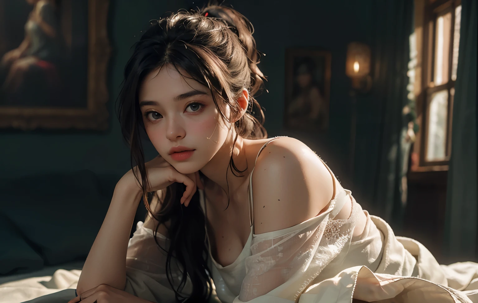 1 girl, Best quality, masterpiece, ultra high res, (photorealistic:1.4), raw photo, 1girl, see through spaghetti strap shirt, cinematic lighting, half body view, half body shot, bedroom, nude but covered by blanket, long ponytail, Whimsical lighting, Enchanted ambiance, bokeh, Dreamy decor, Whimsical lighting, Enchanted ambiance