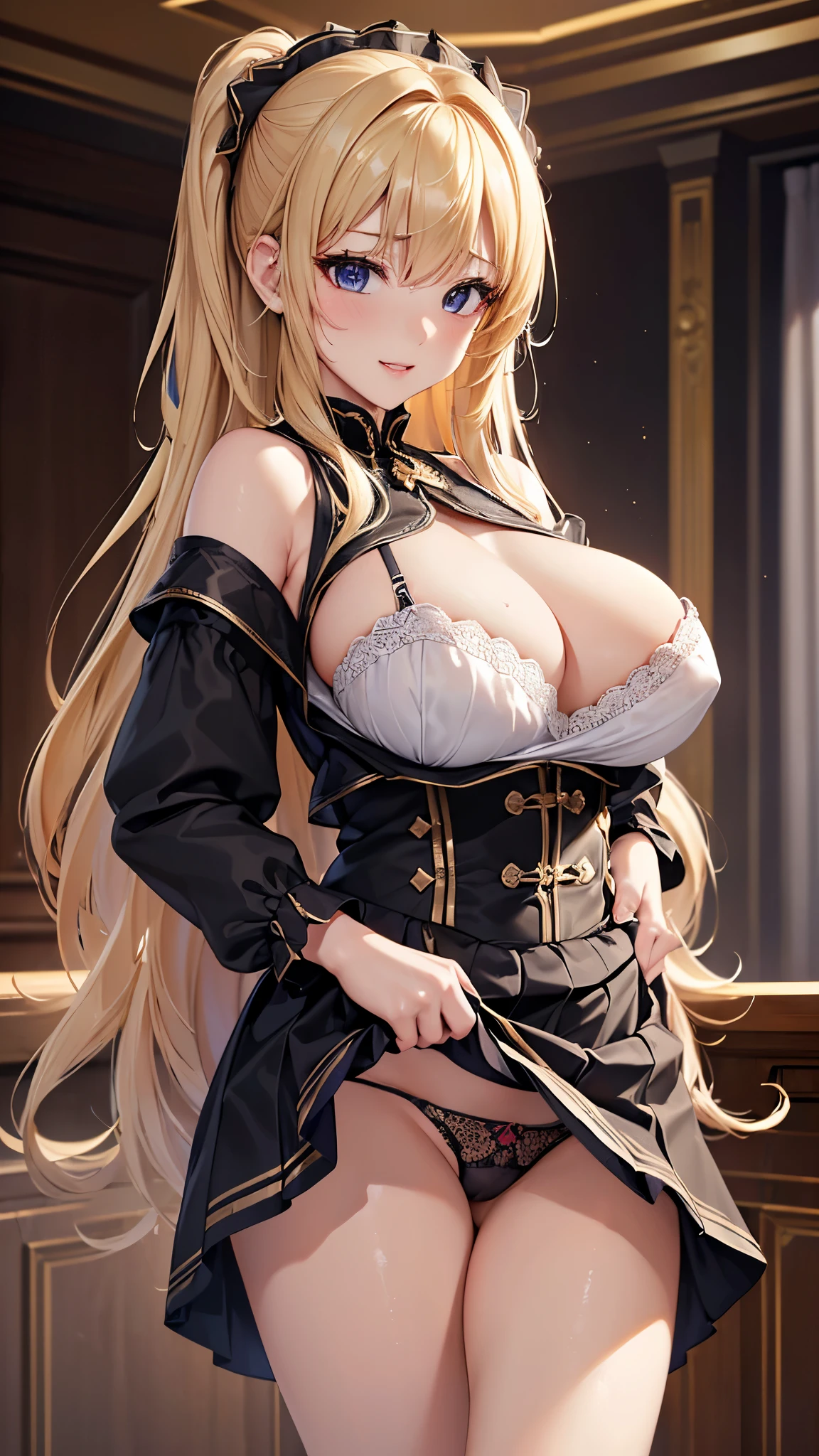 ((highest quality、High resolution、Highly detailed CG Unity 8K wallpaper))、detailed face、perfect body、unparalleled beauty、blonde、beautiful breasts、a sexually excited look、sexy dress with detailed decoration、((She lifts up her skirt and shows her panties、I'm seducing you))