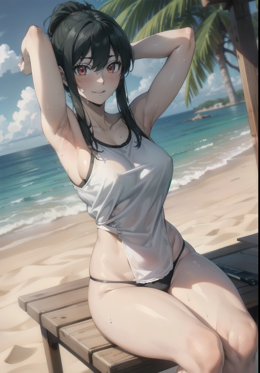(masterpiece), (best quality), (ultra-detailed), (extremely detailed cg), (a extremely delicate), (perfect lighting), (8k), (dynamic angle), (sharp image), vibrant colors, female, masterpiece, best quality, depth of field, cinematic lighting, masterpiece, best quality, ultra-detailed, colorful, vibrant, large breasts, thighs, mature female, solo, (masterpiece, best quality, high resolution, animescreencap, anime colored,), (perfect anatomy, beautiful detailed eyes, beautiful detailed body, beautiful breast, shiny skin), the sexy anime woman is sitting in a chair outside, (white tank top),(white laced panties),yor forger (SpyXfamily), 1girl,long hair, ponytail, black hair, side bangs, (red eyes), medium breasts,((sweaty body)) , ((wet skin)), very wet skin, shy expression, blushing,body abs, outdoors, seaside, beach sand, blue skies, sunlight, arms behind head, sweaty armpits, super wet skin, show both armpits, dynamic pose, erotic pose, looking at viewer, sitting, legs open, smile, grin
