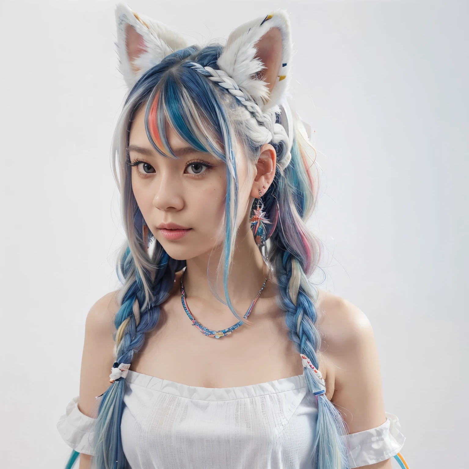 Masterpiece, Best Quality, High Resolution, (White Background: 1.4), [Glitter], [Looking at the Viewer, Portrait, 1 Sweet Chinese Girl], (Long Hair, Blue Hair, Wavy Curls, Multicolored Twisted Big Braid: 1.3, Furry Fox Ears, Air Bangs), White Off-the-Shoulder Short Sleeves, Delicate Facial Features, Pink Lips, Earrings, Necklace