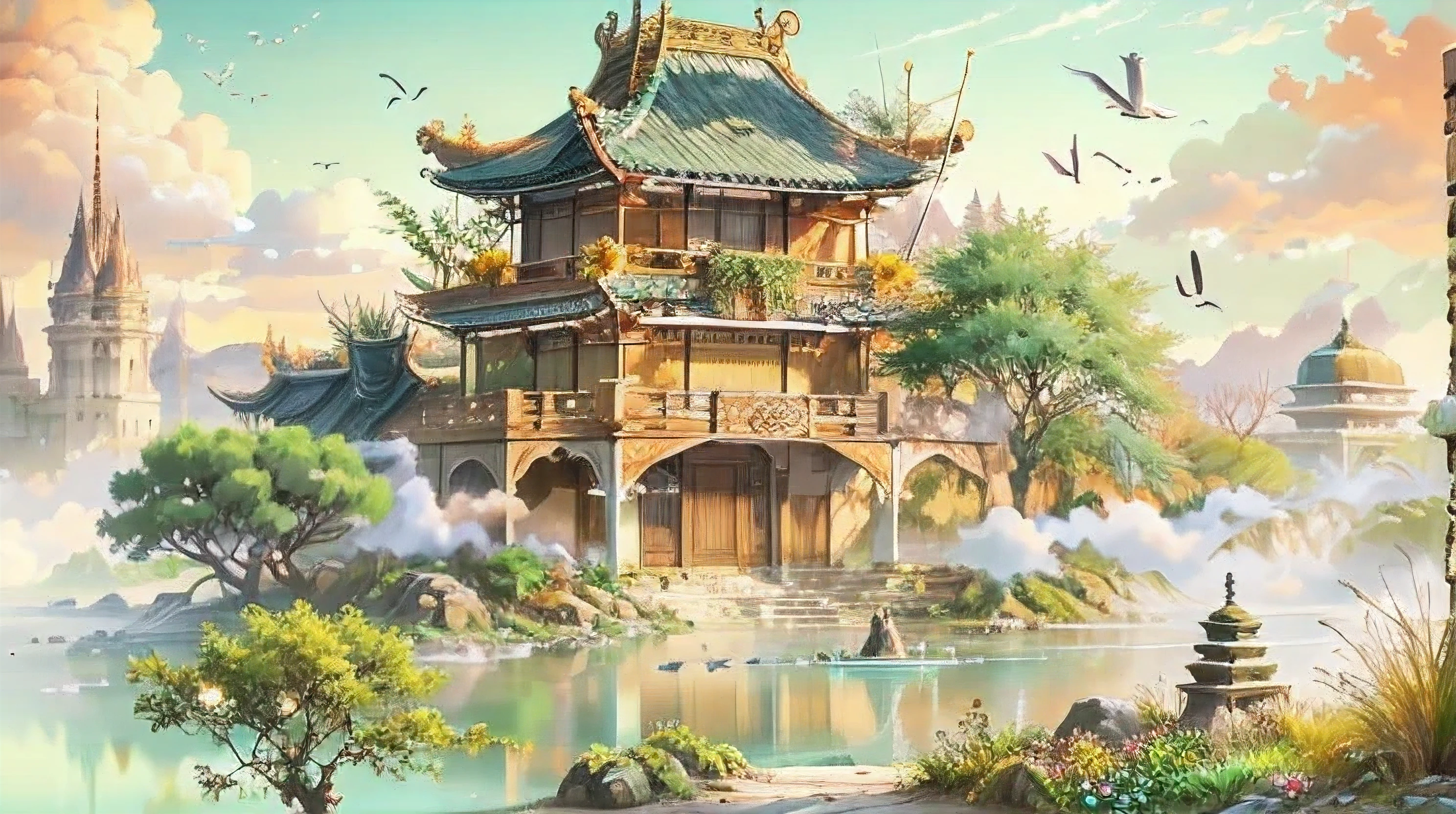Fairy-filled,Heavenly Palace,Baiyun,Towering Nantianmen,A few egrets flew by,The sun rises,several peach trees,Many large and small palaces,hazy feeling,white smoke