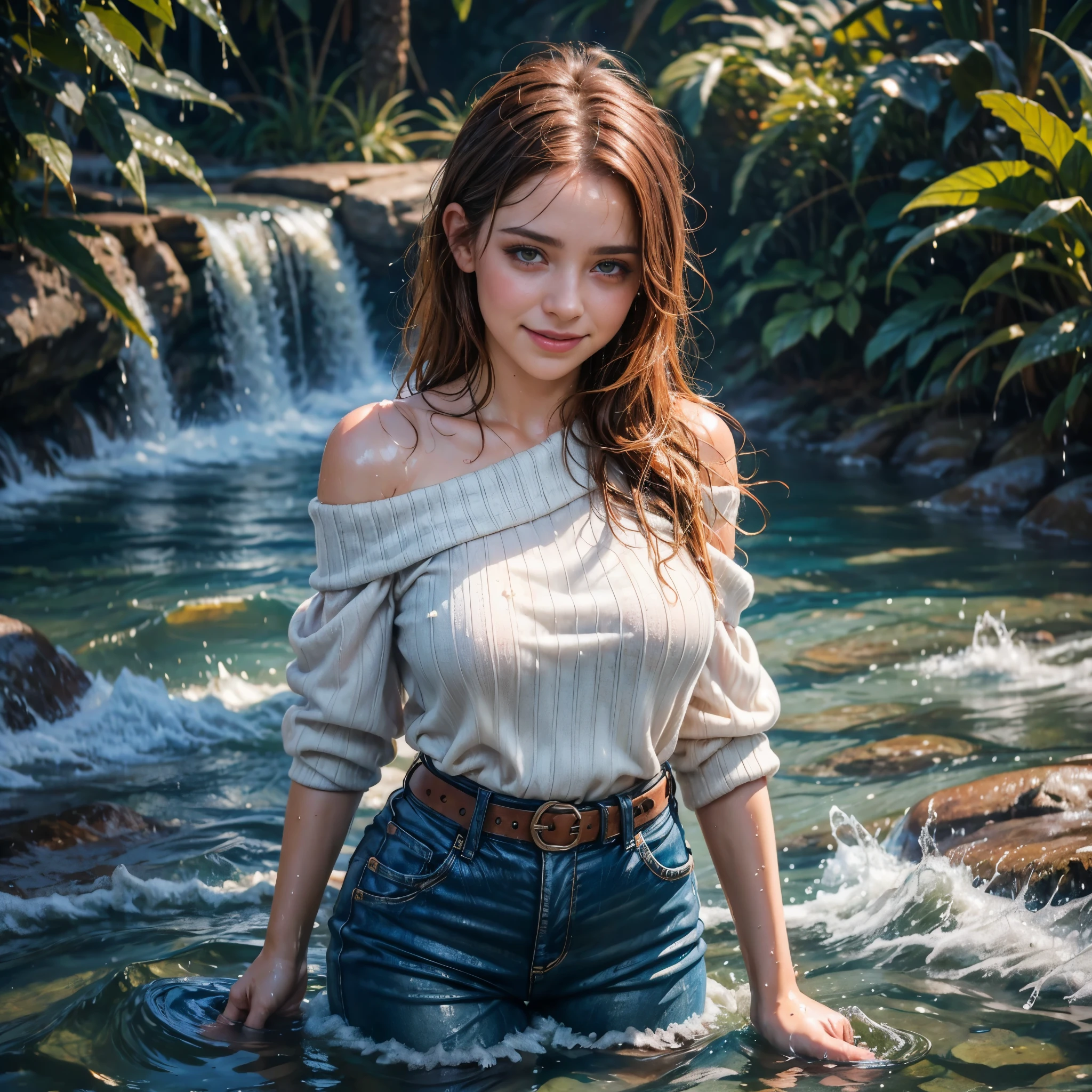 29 yo canadian woman standing in the water, layered clothing, (pullover), (off the shoulder), (cotton pants), bright clothes, glistening wet, closeup fantasy with water magic, beautiful maiden, curvy body, chilly, auburn hair, cold water pond, sunlight, smile, wearing clothes made of water, realistic oil painting, dripping wet, in water up to her shoulders, winter clothes, beautiful realistic photo, nymph in the water, hyperrealist portrait in a river, hyperrealistic fantasy photo, splashing, realistic fantasy painting, cute shot, narrow depth of field, 8k, ((drenched)), ((soaked)), ((dripping water)), ((goosebumps)), cool, muted tones, bare horizons, dripping oil, heavy clothes, soaked in oil, wet all over, wet dripping hair, varied poses, wet hair