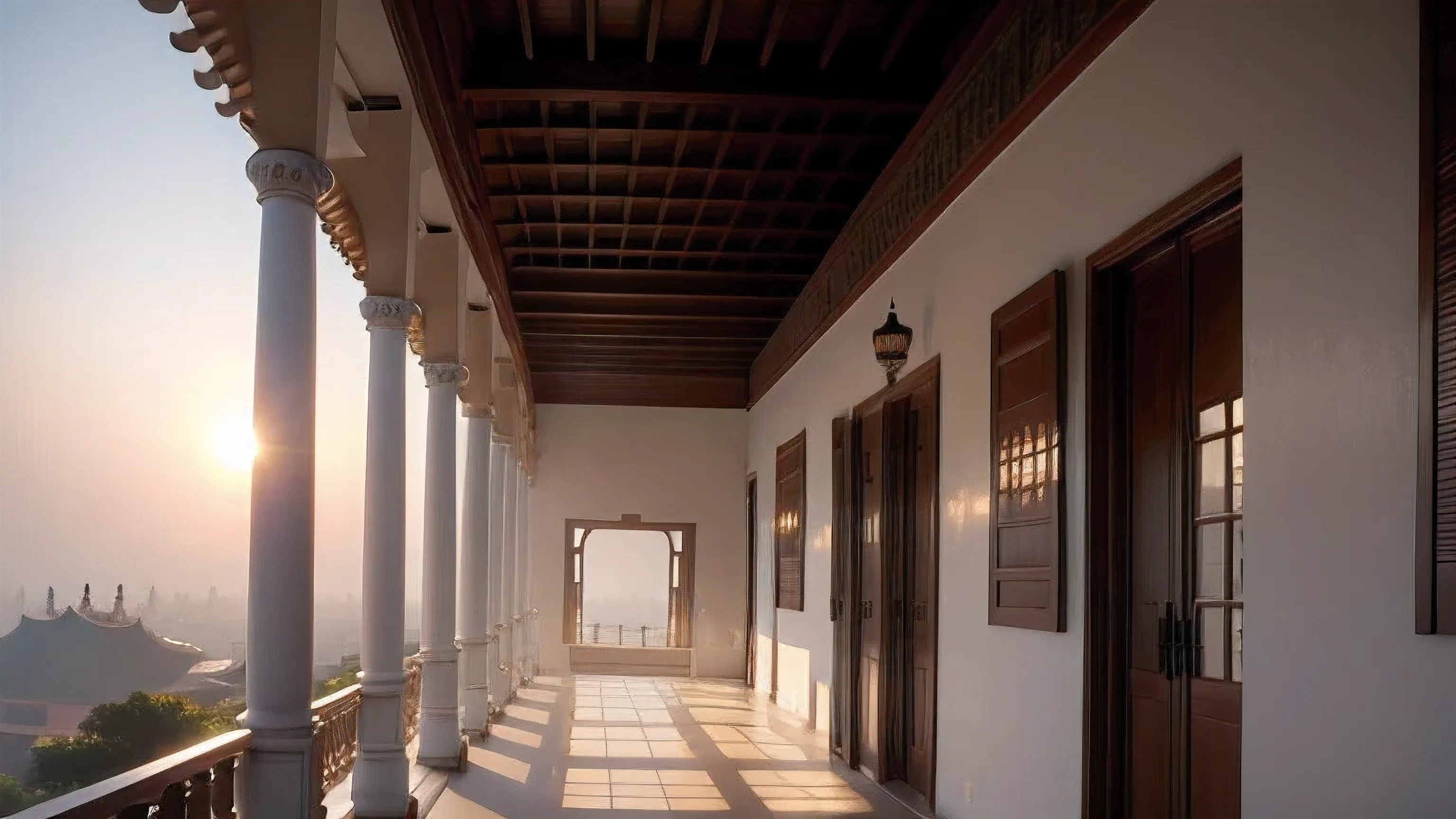 Fairy-filled,Heavenly Palace,Baiyun,Towering Nantianmen,1 egret flies over,The sun rises,1 peach tree,1 palace,hazy feeling,white smoke,There are many peaches on the peach tree,Mouthwatering,