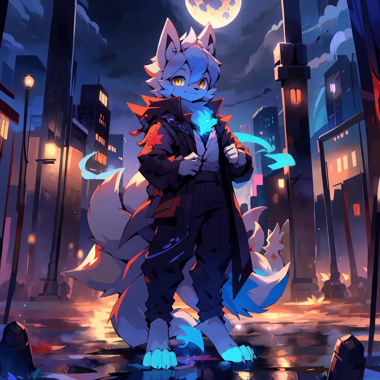 high-quality portrait, Highest definition, dramatic lighting, intricate details, sharp focus, a Ninetales, boy, ((Fake smile))), holding a pokeball, ((( \(parfect anatomy\)))), maple leaf, 9 tails, fluffy mane, golden eyes, short hair, fallen leaf（solo), Full body like, full moon, Modern City, ghost, blue flame, fox fire, night, digitigrade, Standing posture, Pokémon, multi tail, Urban streets, solo, Pokémon Ninetales, Masterpiece, 16k