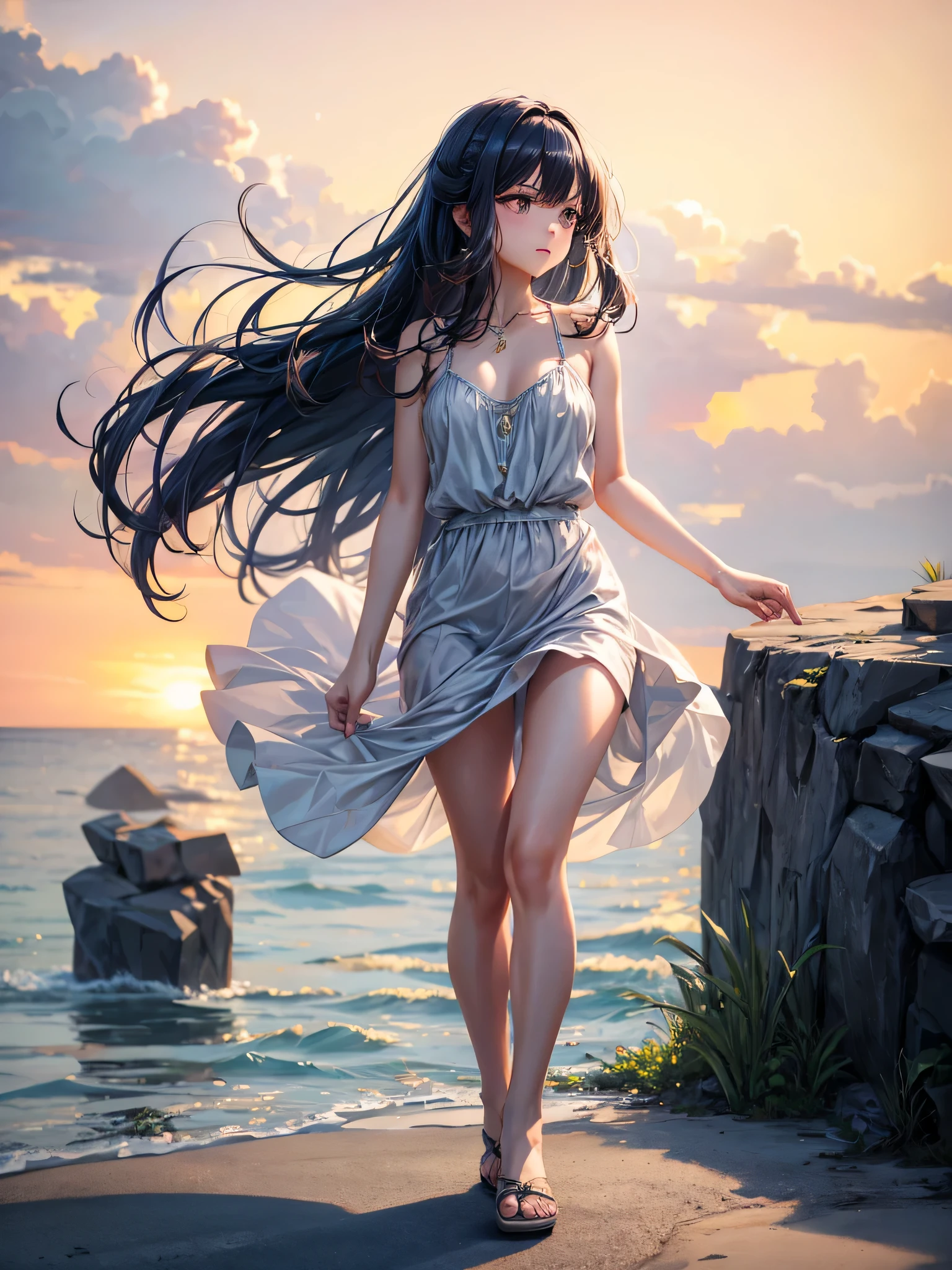 (Masterpiece, Best Quality, High Quality:1.4), professional artwork, Intricate Details, field of view, sharp focus, detailed painting, photorealistic lighting, trending on pixiv, (vivid lighting, vibrant colors:1.1), realistic shadows, ambient occlusion, lofi vibes,
LisaLisa, (mature female, milf:1.1), solo, standing near parapet, watching at sea, beautiful sky, perfect sea, summer, serenity, (full body shot, side view:1.1),
black hair, long hair, lipstick, makeup, ultra detail hair, ultra detail face, (blue|purple eyes:1.05), perfect eyes, perfect face, earrings,
(summer_dress:1.1), highheels, bare shoulders, necklace,
(Large Breasts:1.2), 