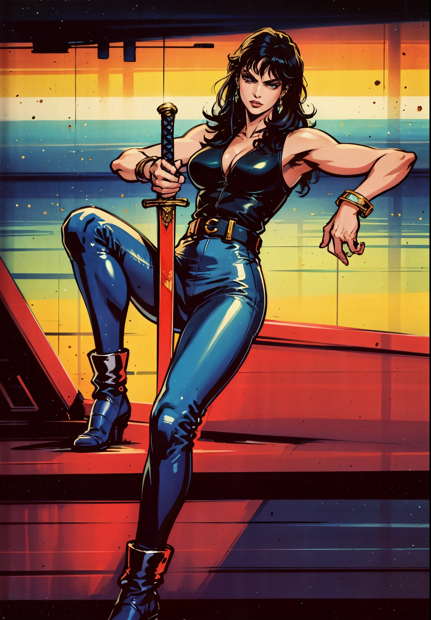 A beautiful woman with long shiny black hair, choppy bangs, a delicate face, a cold proud gaze, a fit figure, a fantasy-style high-necked leather breastplate top, sleeveless, exposes her waist, a bracelet adorns her wrist, tight-fitting leather pants, her right hand holds a longsword with a blue scabbard, she lounges casually sitting, this character embodies a finely crafted fantasy-style bounty hunter in anime style, exquisite and mature manga art style, (Alexandra Daddario:1.2), high definition, best quality, highres, ultra-detailed, ultra-fine painting, extremely delicate, professional, anatomically correct, symmetrical face, extremely detailed eyes and face, high quality eyes, creativity, RAW photo, UHD, 32k, Natural light, cinematic lighting, masterpiece-anatomy-perfect, masterpiece:1.5