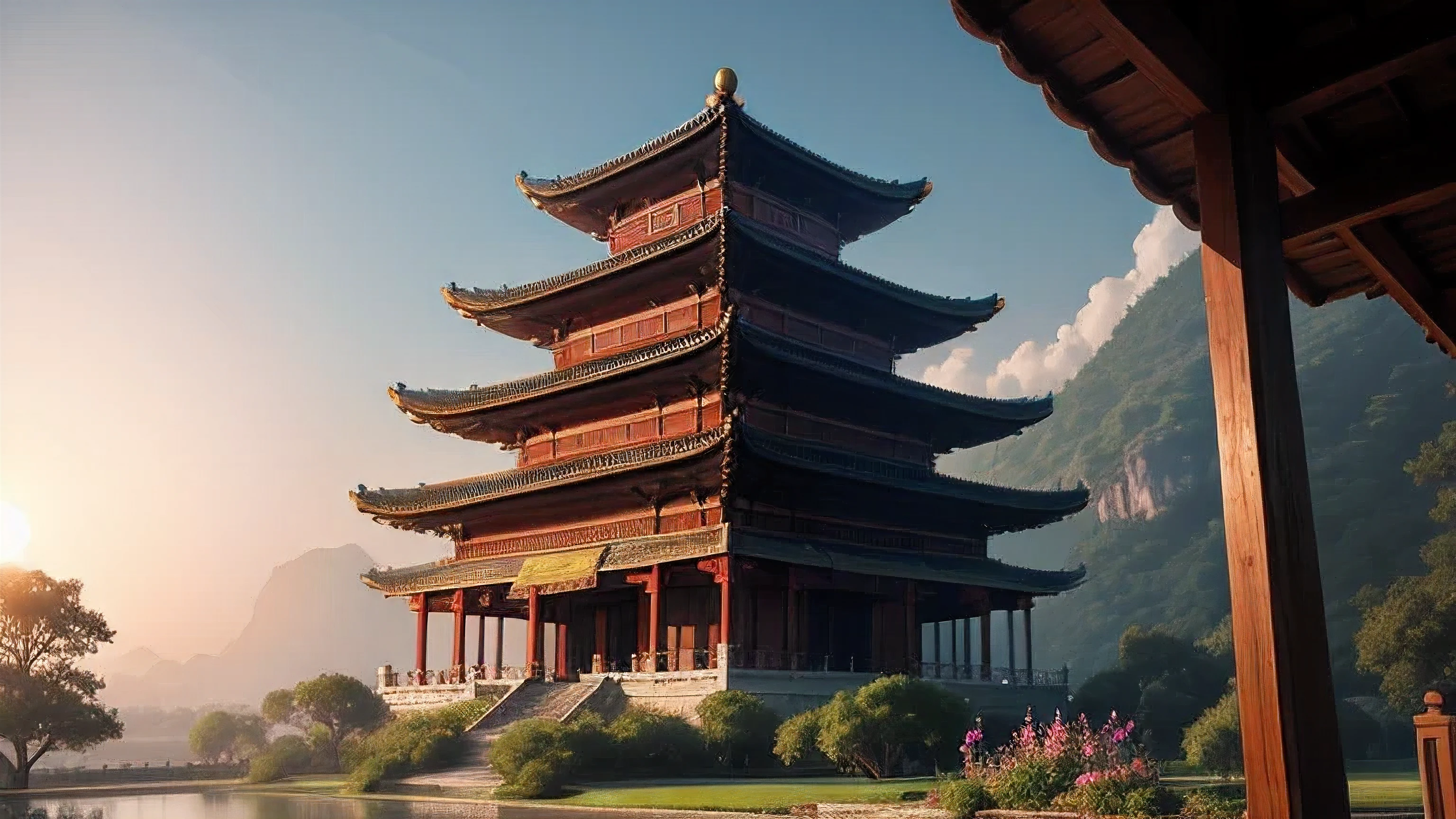 Fairy-filled,Heavenly Palace,Baiyun,Towering Nantianmen,1 egret flies over,The sun rises,1 peach tree,1 palace,hazy feeling,white smoke,There are many peaches on the peach tree,Mouthwatering,