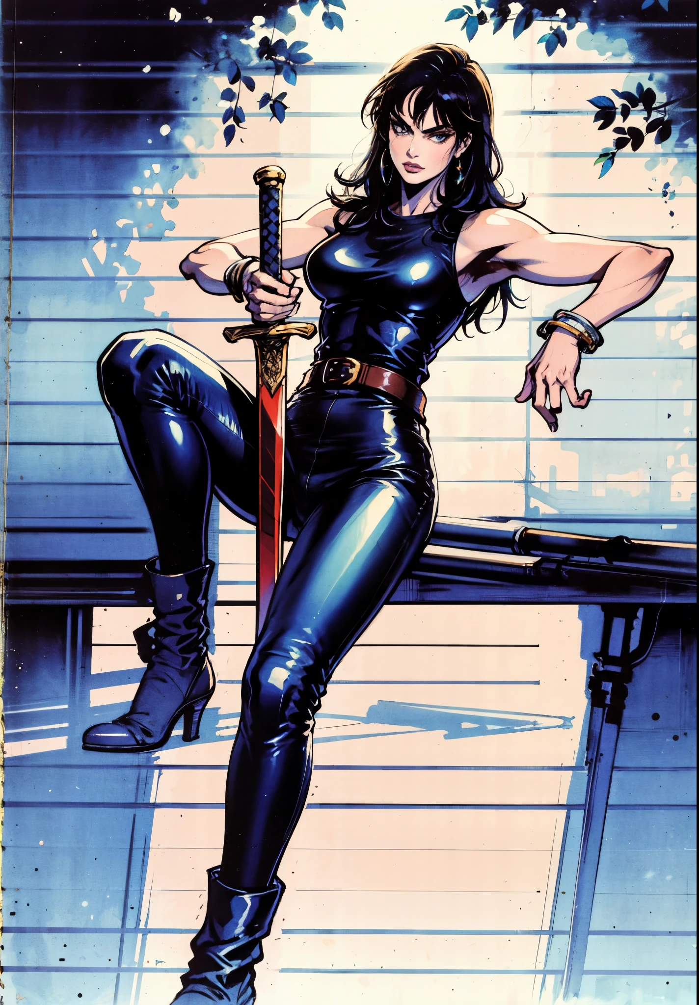 A beautiful woman with long shiny black hair, choppy bangs, a delicate face, a cold proud gaze, a fit figure, a fantasy-style high-necked leather breastplate top, sleeveless, exposes her waist, a bracelet adorns her wrist, tight-fitting leather pants, her right hand holds a longsword with a blue scabbard, she lounges casually sitting, this character embodies a finely crafted fantasy-style bounty hunter in anime style, exquisite and mature manga art style, (Alexandra Daddario:1.2), high definition, best quality, highres, ultra-detailed, ultra-fine painting, extremely delicate, professional, anatomically correct, symmetrical face, extremely detailed eyes and face, high quality eyes, creativity, RAW photo, UHD, 32k, Natural light, cinematic lighting, masterpiece-anatomy-perfect, masterpiece:1.5