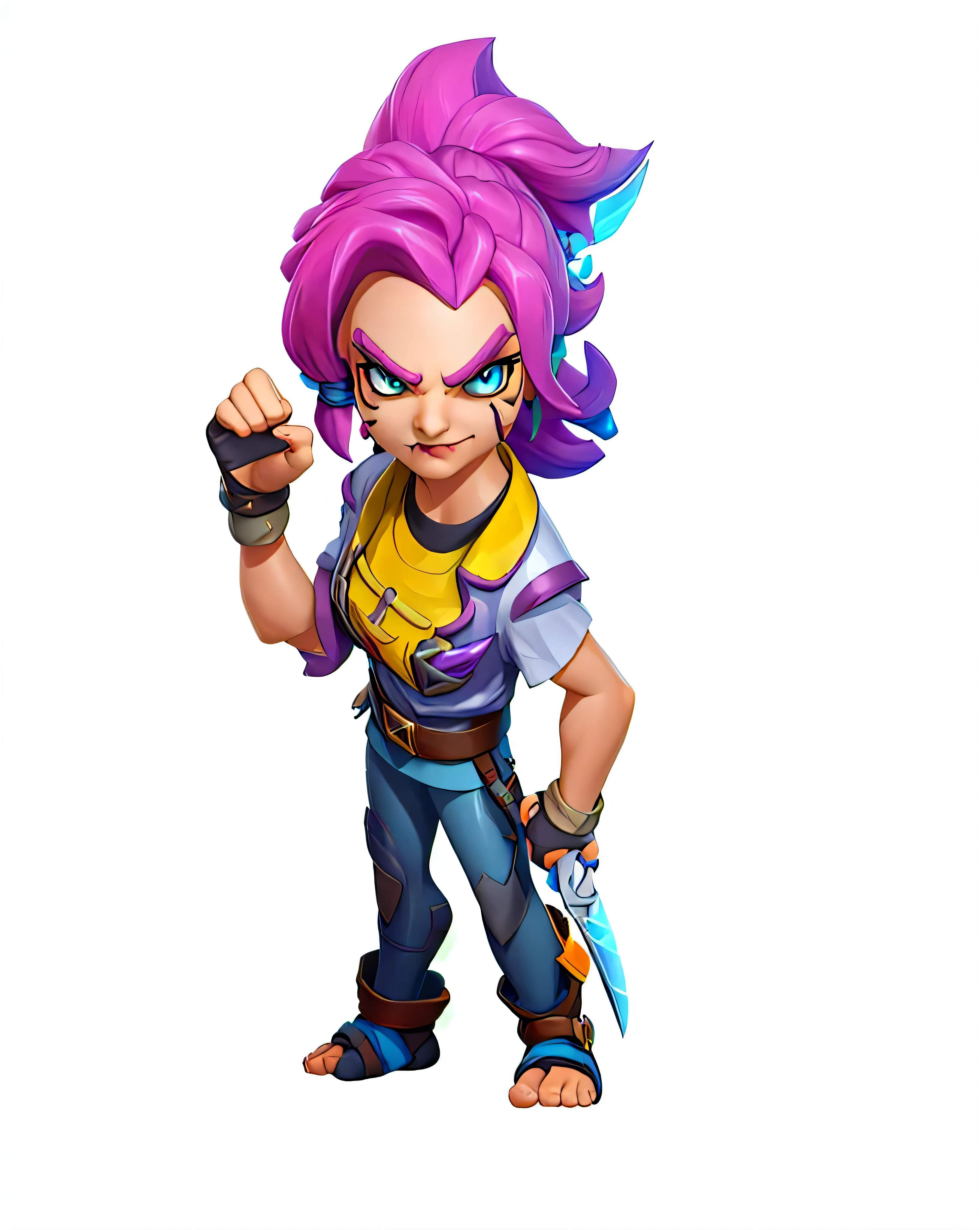 Close up of cartoon character holding knife, Muscular female dwarf engineer, clash royal style characters, threatening posture, official character art, tan skin, pink iconic character, brawl stars, tribal style, katana zero video game character, new role, scary angry gesture, Valkyrie style character, threatening gesture, Natalie in epic battle fantasy, fantasy characters