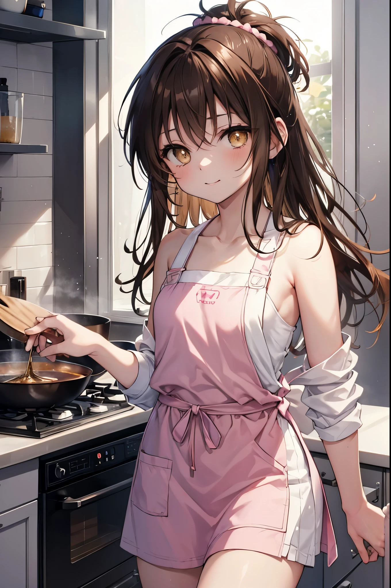 Follow Us, food yuuki, (brown eyes:1.7), brown hair, hair ornaments, hair Scrunchie, long hair, smile,blush,pink Scrunchie, Scrunchie, (flat chest:1.2),white sleeveless dress,bare shoulders,naked neck,bare clavicle,shorts,apron,White socks,cook in the kitchen、フライパンでエビを調理する
break looking at viewer,
break indoors, kitchen,
break (masterpiece:1.2), highest quality, High resolution, unity 8k wallpaper, (figure:0.8), (detailed and beautiful eyes:1.6), highly detailed face, perfect lighting, Very detailed CG, (perfect hands, perfect anatomy),