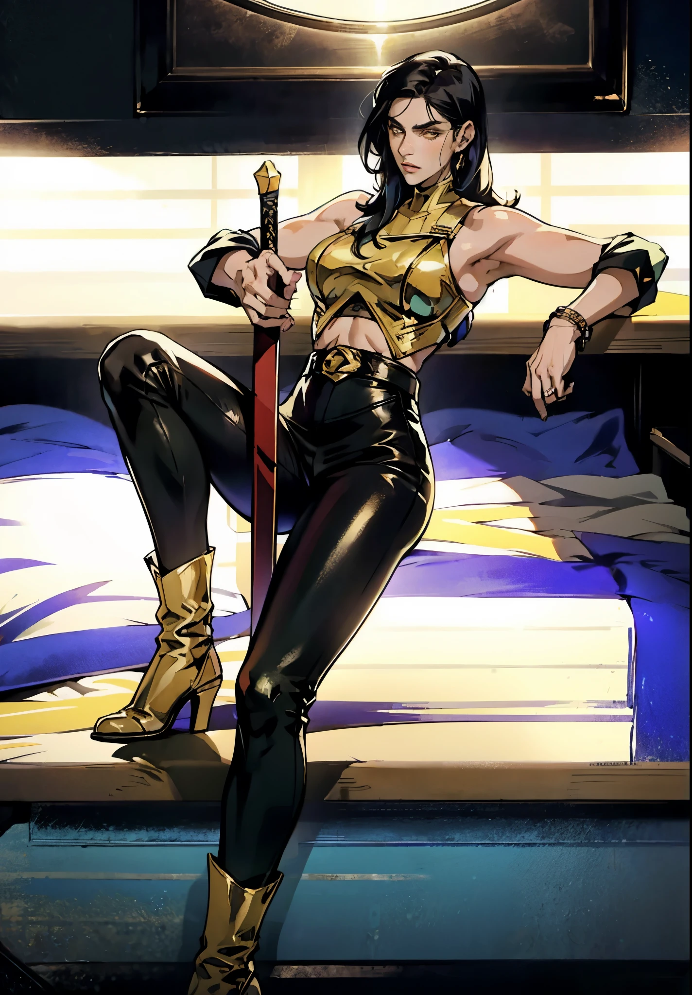 A beautiful woman with long shiny black hair, choppy bangs, a delicate face, a cold proud gaze, a fit figure, a fantasy-style high-necked leather breastplate top, sleeveless, exposes her waist, a bracelet adorns her wrist, tight-fitting leather pants, her right hand holds a longsword with a blue scabbard, she lounges casually sitting, this character embodies a finely crafted fantasy-style bounty hunter in anime style, exquisite and mature manga art style, (Alexandra Daddario:1.2), high definition, best quality, highres, ultra-detailed, ultra-fine painting, extremely delicate, professional, anatomically correct, symmetrical face, extremely detailed eyes and face, high quality eyes, creativity, RAW photo, UHD, 32k, Natural light, cinematic lighting, masterpiece-anatomy-perfect, masterpiece:1.5