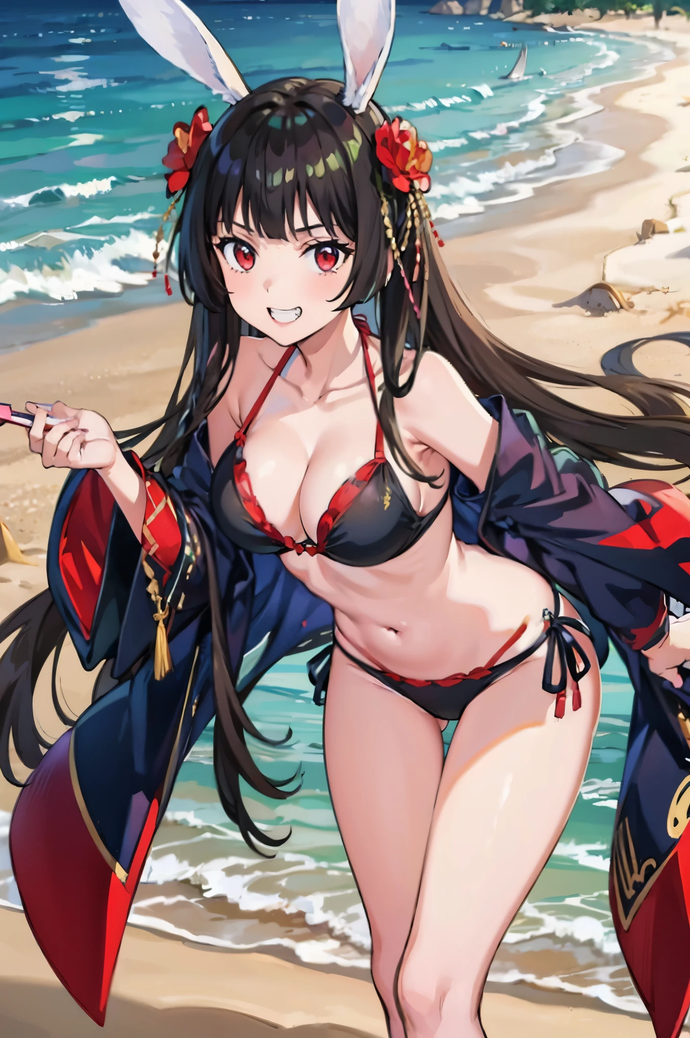 high quality、high resolution、masterpiece、,masterpiece, best quality,1girl, (solo:1.3),standing,KaguyaHime,long hair,black hair,red eyes,rabbit ears,(bikini:1.3),(beach:1.2),(large breasts:1),grin,leaning forward