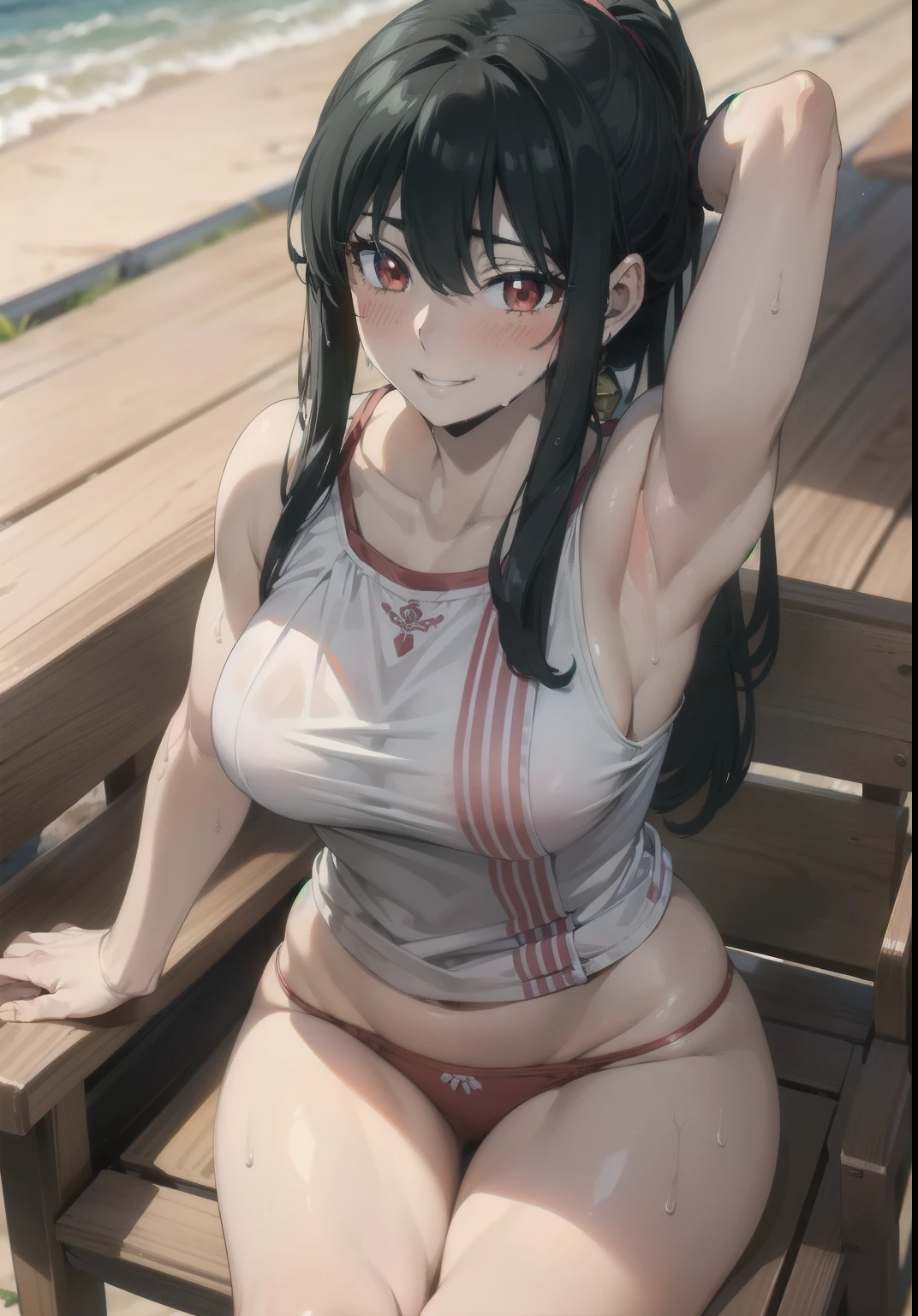 (masterpiece), (best quality), (ultra-detailed), (extremely detailed cg), (a extremely delicate), (perfect lighting), (8k), (dynamic angle), (sharp image), vibrant colors, female, masterpiece, best quality, depth of field, cinematic lighting, masterpiece, best quality, ultra-detailed, colorful, vibrant, large breasts, thighs, mature female, solo, (masterpiece, best quality, high resolution, animescreencap, anime colored,), (perfect anatomy, beautiful detailed eyes, beautiful detailed body, beautiful breast, shiny skin), the sexy anime woman is sitting in a chair outside, (white tank top),(white laced panties),yor forger (SpyXfamily), 1girl,long hair, ponytail, black hair, side bangs, (red eyes), medium breasts,((sweaty body)) , ((wet skin)), very wet skin, shy expression, blushing,body abs, outdoors, seaside, beach sand, blue skies, sunlight, sweaty armpits, super wet skin, show both armpits, dynamic pose, erotic pose, looking at viewer, sitting, legs open, smile, grin