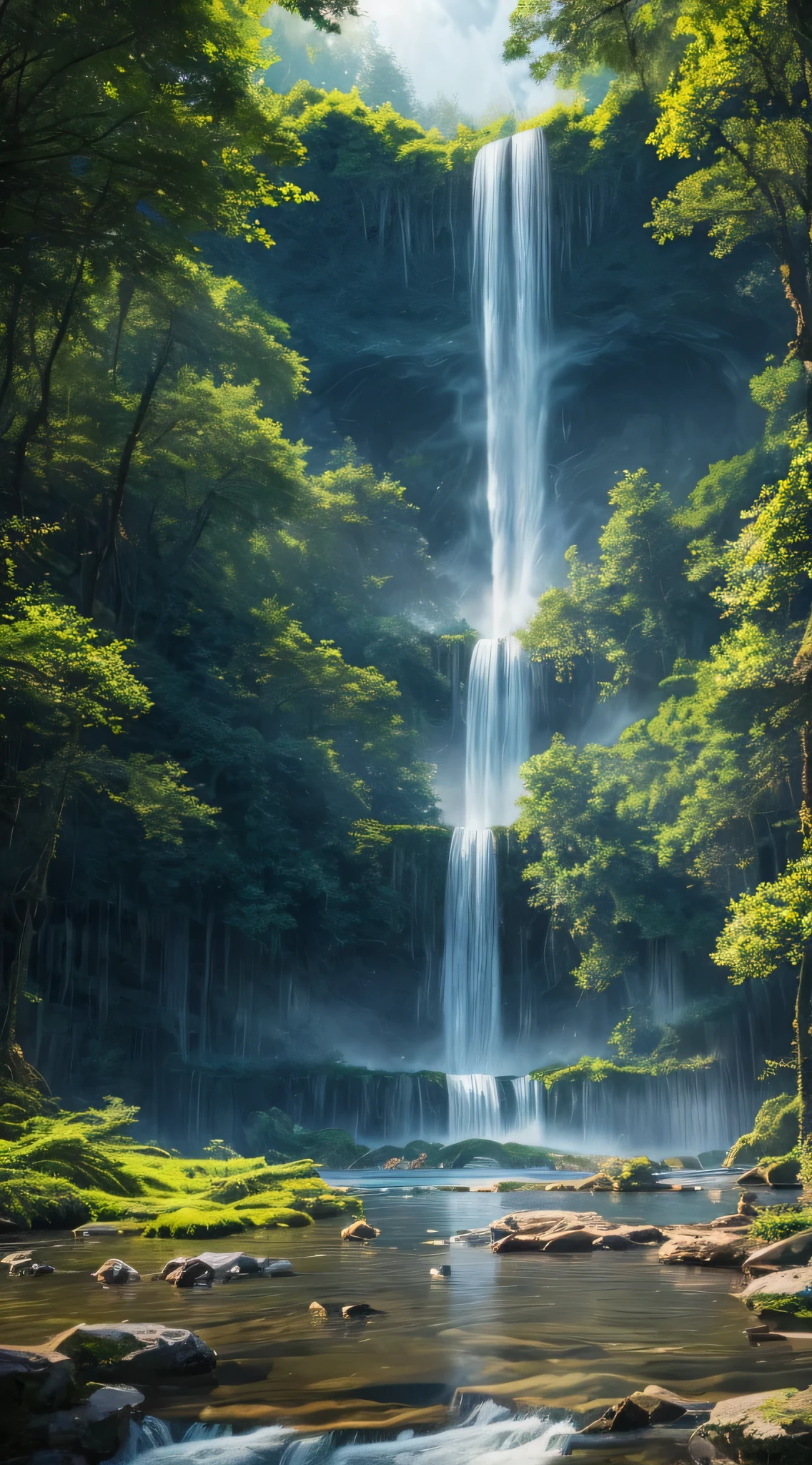 waterfall, walking under the waterfall, mysterious beauty, lake surface, ((Large grove)), Tyndall Ray, realism, cinematic lighting, ray tracing, ultra hd, retina, masterpiece, ((highest quality)), ((masterpiece)), (very detailed: 1.3), (photo quality:1.4),