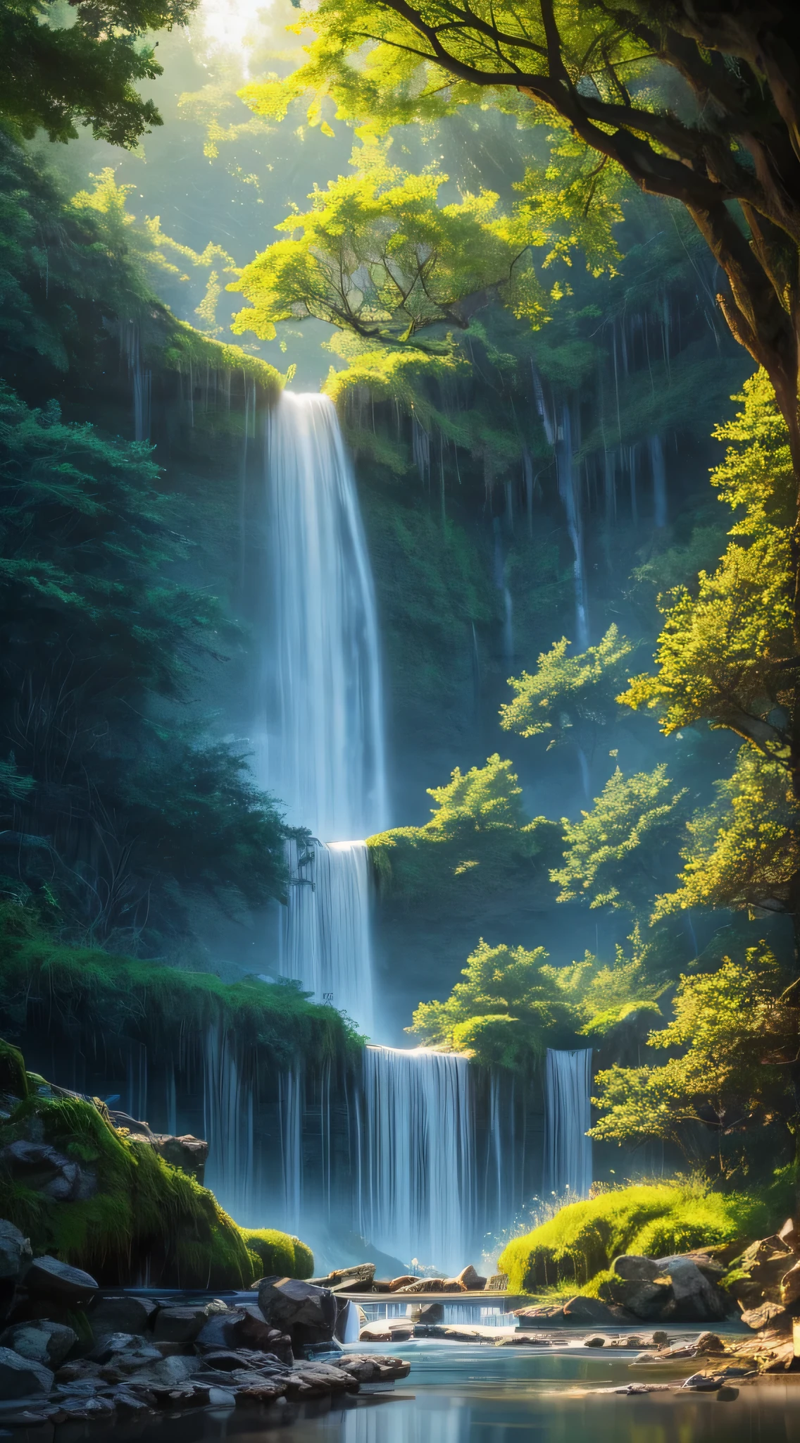 waterfall, walking under the waterfall, mysterious beauty, lake surface, ((Large grove)), Tyndall Ray, realism, cinematic lighting, ray tracing, ultra hd, retina, masterpiece, ((highest quality)), ((masterpiece)), (very detailed: 1.3), (photo quality:1.4),