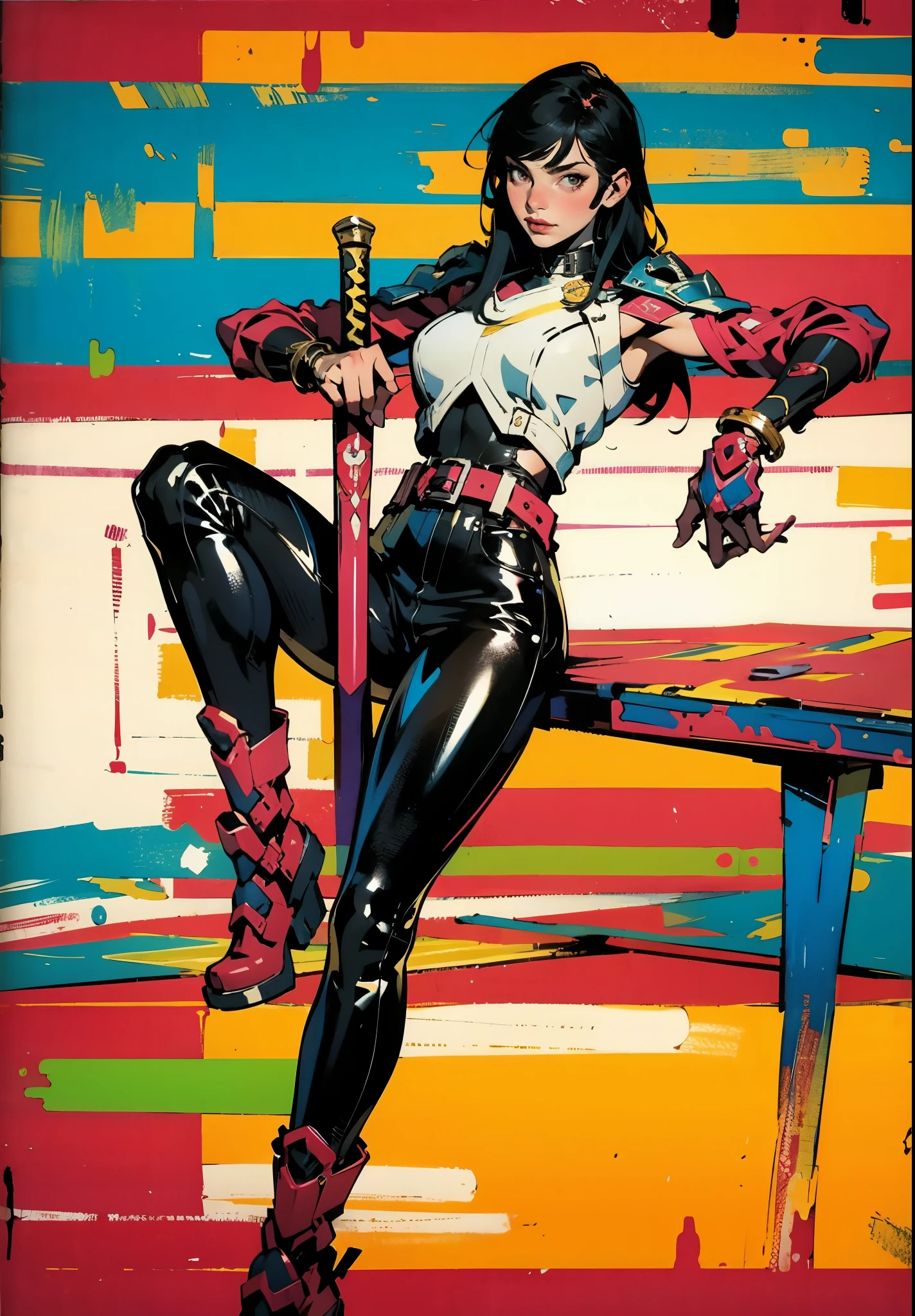 A beautiful woman with long shiny black hair, choppy bangs, a delicate face, a cold proud gaze, a fit figure, a fantasy-style high-necked leather breastplate top, sleeveless, exposes her waist, a bracelet adorns her wrist, tight-fitting leather pants, her right hand holds a longsword with a blue scabbard, she lounges casually sitting, this character embodies a finely crafted fantasy-style bounty hunter in anime style, exquisite and mature manga art style, high definition, best quality, highres, ultra-detailed, ultra-fine painting, extremely delicate, professional, anatomically correct, symmetrical face, extremely detailed eyes and face, high quality eyes, creativity, RAW photo, UHD, 32k, Natural light, cinematic lighting, masterpiece-anatomy-perfect, masterpiece:1.5