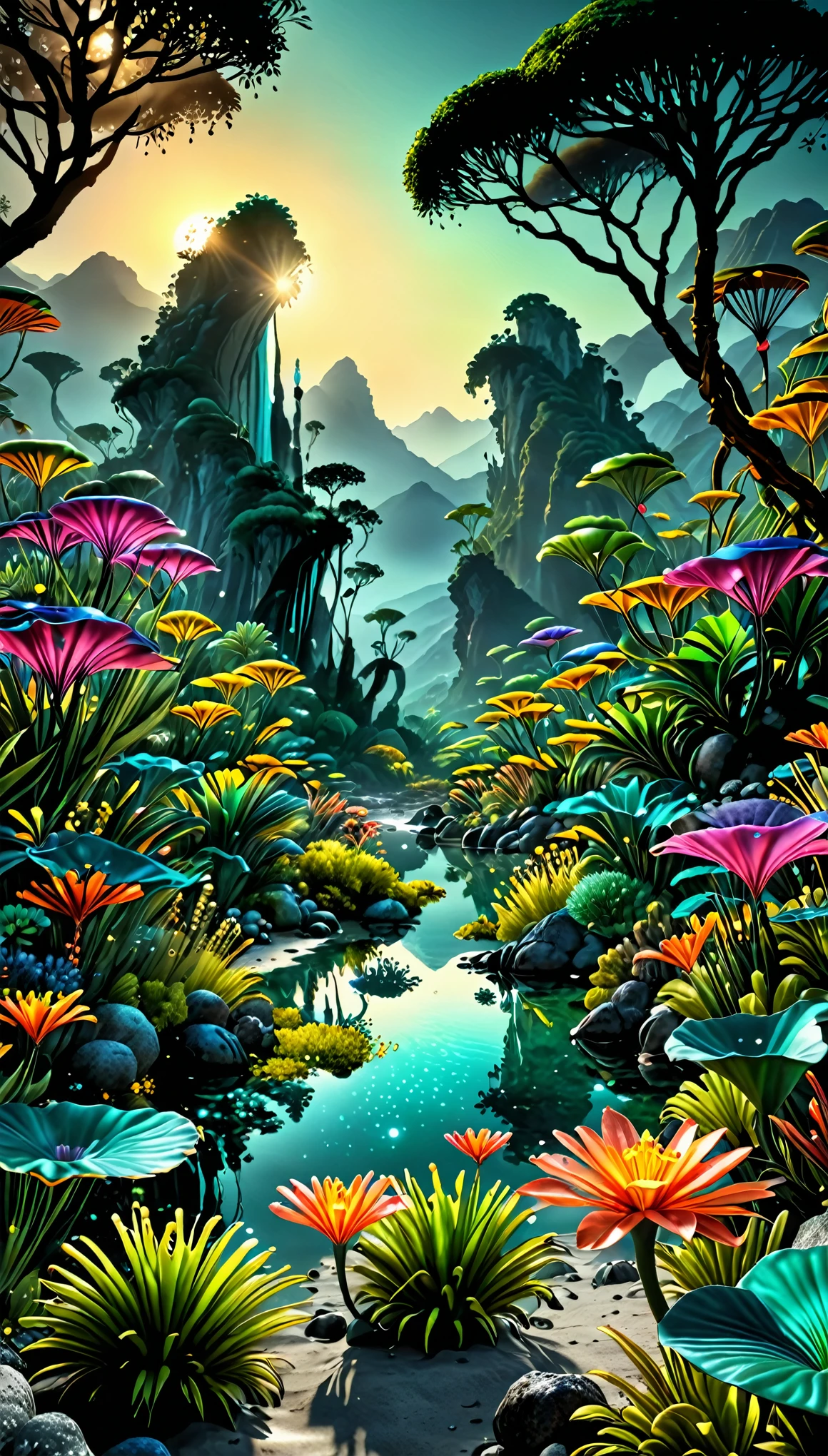 alien landscape:1.5, (Mejor calidad, maestro de la paz: 1.3), (hiperdetallado, color hiperrealista: 1.5), A cosmic garden of exotic flora and surreal mountains.... At night the landscape is illuminated by bioluminescence..., perfecto composition, Better exposure, (golden ratio: 1.2), HDR, dramatic, cinematographic lighting, tendencia en artstation, Tendencias en la sociedad CG, Professional oil painting, inmenso detalle, pintado como un pintor profesional, ((perfecto: 1.3, meticulosamente detallado: 1.5, impecable, High Definition: 1.4, cinematographic: 1.4), ((Maestro de trabajo)), (Hiper detallado: 1.4 ), (Fotorrealista: 1.4), epic, atardecer: 1.4, 32k.