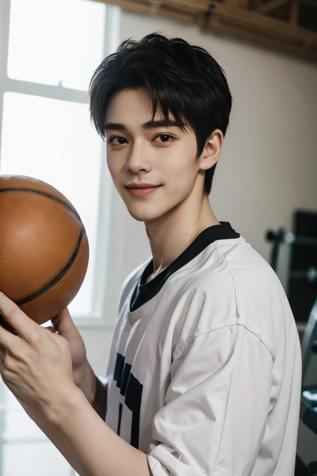 ((最high quality、masterpiece、realistic:1.4、In 8K))、cool japanese guy118-year-old person、well-groomed face、Eye and face details、beautiful lighting、rough skin、Super detailed、high detail、high quality、High resolution、(looking at the viewer)、detailed mouth、laughter、basketballの服装 Exercising your body muscular long legs basketball Gym bright lighting brown hair man gym background Looking at me and smiling mouth is open