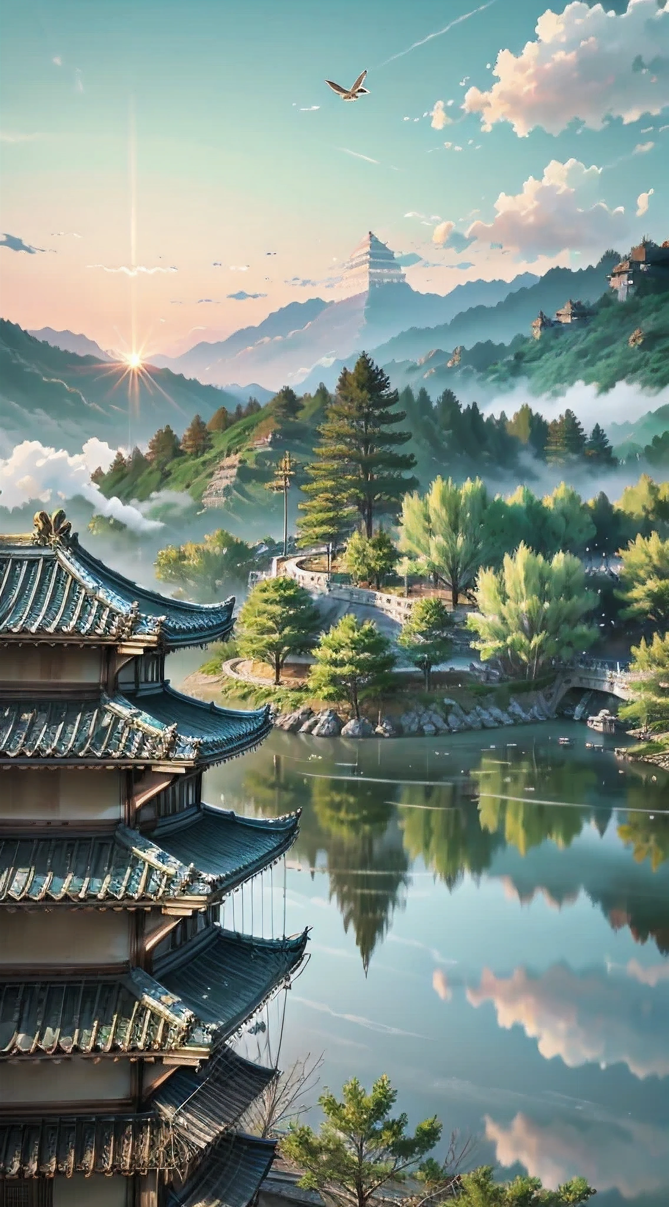 Fairy-filled,Heavenly Palace,Baiyun,Towering Nantianmen,A few egrets flew by,The sun rises,several peach trees,Many large and small palaces,hazy feeling,white smoke