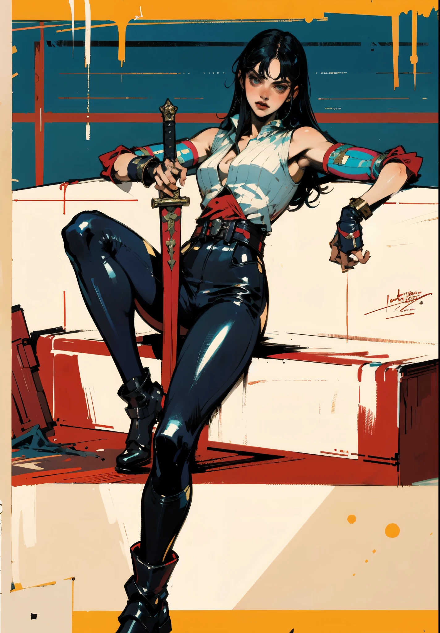 A beautiful woman with long shiny black hair, choppy bangs, a delicate face, a cold proud gaze, a fit figure, a fantasy-style high-necked leather breastplate top, sleeveless, exposes her waist, a bracelet adorns her wrist, tight-fitting leather pants, her right hand holds a longsword with a blue scabbard, she lounges casually sitting, this character embodies a finely crafted fantasy-style bounty hunter in anime style, exquisite and mature manga art style, (Alexandra Daddario:1.2), high definition, best quality, highres, ultra-detailed, ultra-fine painting, extremely delicate, professional, anatomically correct, symmetrical face, extremely detailed eyes and face, high quality eyes, creativity, RAW photo, UHD, 32k, Natural light, cinematic lighting, masterpiece-anatomy-perfect, masterpiece:1.5