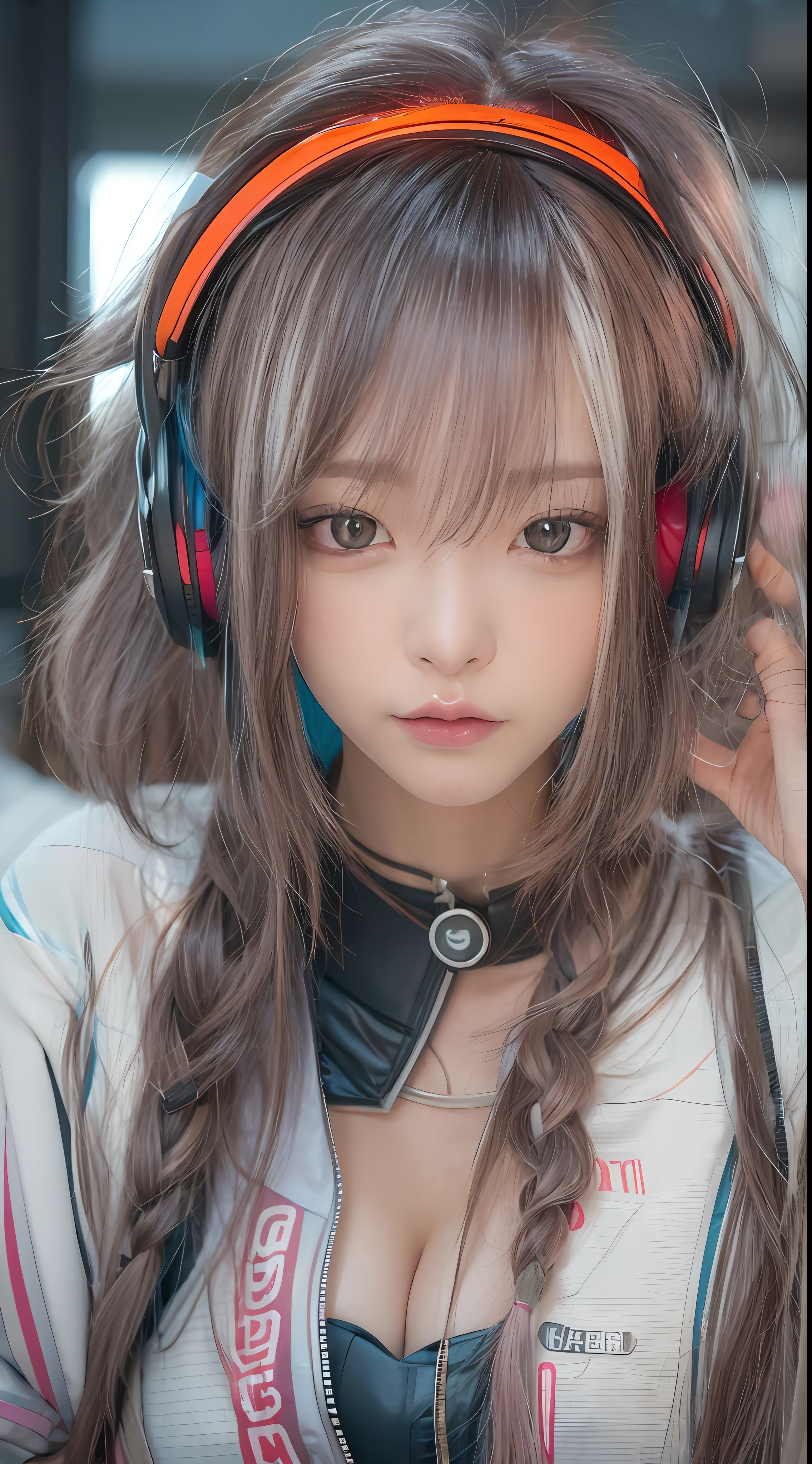 ​masterpiece, 1 beautiful girl, Detailed eye, Swollen eyes, top-quality, 超A high resolution, (reality: 1.4), movie lighting, japanes, a asian beauty, very extremely beautiful, Beautiful skins, A slender, Forward-facing body, (A hyper-realistic), (hight resolution), (8K), (ighly detailed), ( Best Illustration), (beautifully detailed eyes), (ultra-detailliert), Detailed face, Bright lighting, Professional lighting、The background is a cyberpunk room with many monitors、The cord is connected from the costume、Hair color is red、headset on head、small tattoo on face、Female Game Commentator、Facing straight ahead、short-hair、