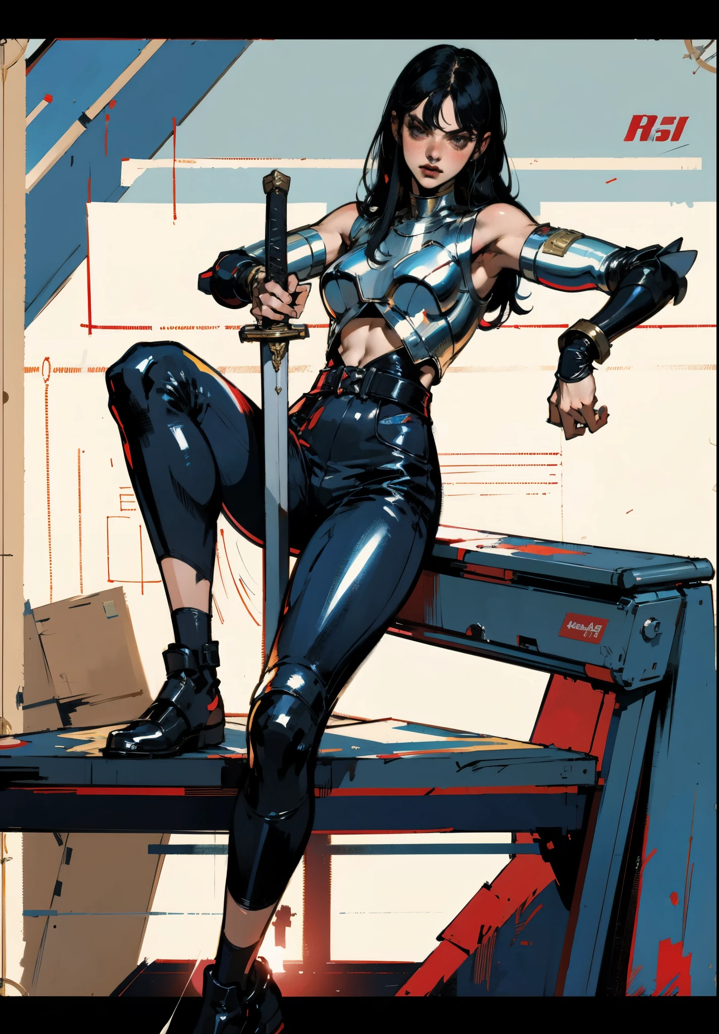 A beautiful woman with long shiny black hair, choppy bangs, a delicate face, a cold proud gaze, a fit figure, a fantasy-style high-necked leather breastplate top, sleeveless, exposes her waist, a bracelet adorns her wrist, tight-fitting leather pants, her right hand holds a longsword with a blue scabbard, she lounges casually sitting, this character embodies a finely crafted fantasy-style bounty hunter in anime style, exquisite and mature manga art style, (Alexandra Daddario:1.2), high definition, best quality, highres, ultra-detailed, ultra-fine painting, extremely delicate, professional, anatomically correct, symmetrical face, extremely detailed eyes and face, high quality eyes, creativity, RAW photo, UHD, 32k, Natural light, cinematic lighting, masterpiece-anatomy-perfect, masterpiece:1.5