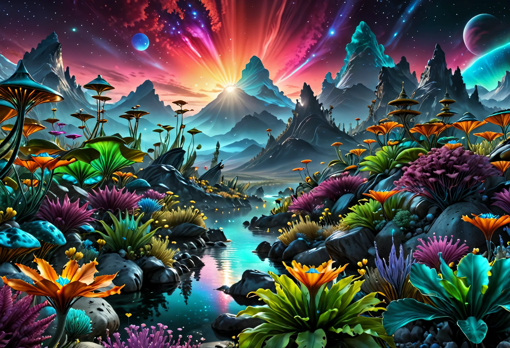 alien landscape:1.5, (Best quality, master of peace: 1.3), (hyper-detailed, hyper-realistic color: 1.5), A cosmic garden of exotic flora and surreal mountains.... At night northern lights, the landscape is illuminated by bioluminescence..., perfect composition, Best exposure, (golden ratio: 1.2), HDR, dramatic, cinematic lighting, trend in artstation, Trends in CG society, professional oil painting, immense detail, painted like a professional painter, ( (perfect: 1.3, Meticulously Detailed: 1.5, Flawless, High Definition: 1.4, Cinematic: 1.4), ((Master Worker)), (Hyper Detailed: 1.4), (Photorealistic: 1.4), Epic, Sunset: 1.4, 32k .