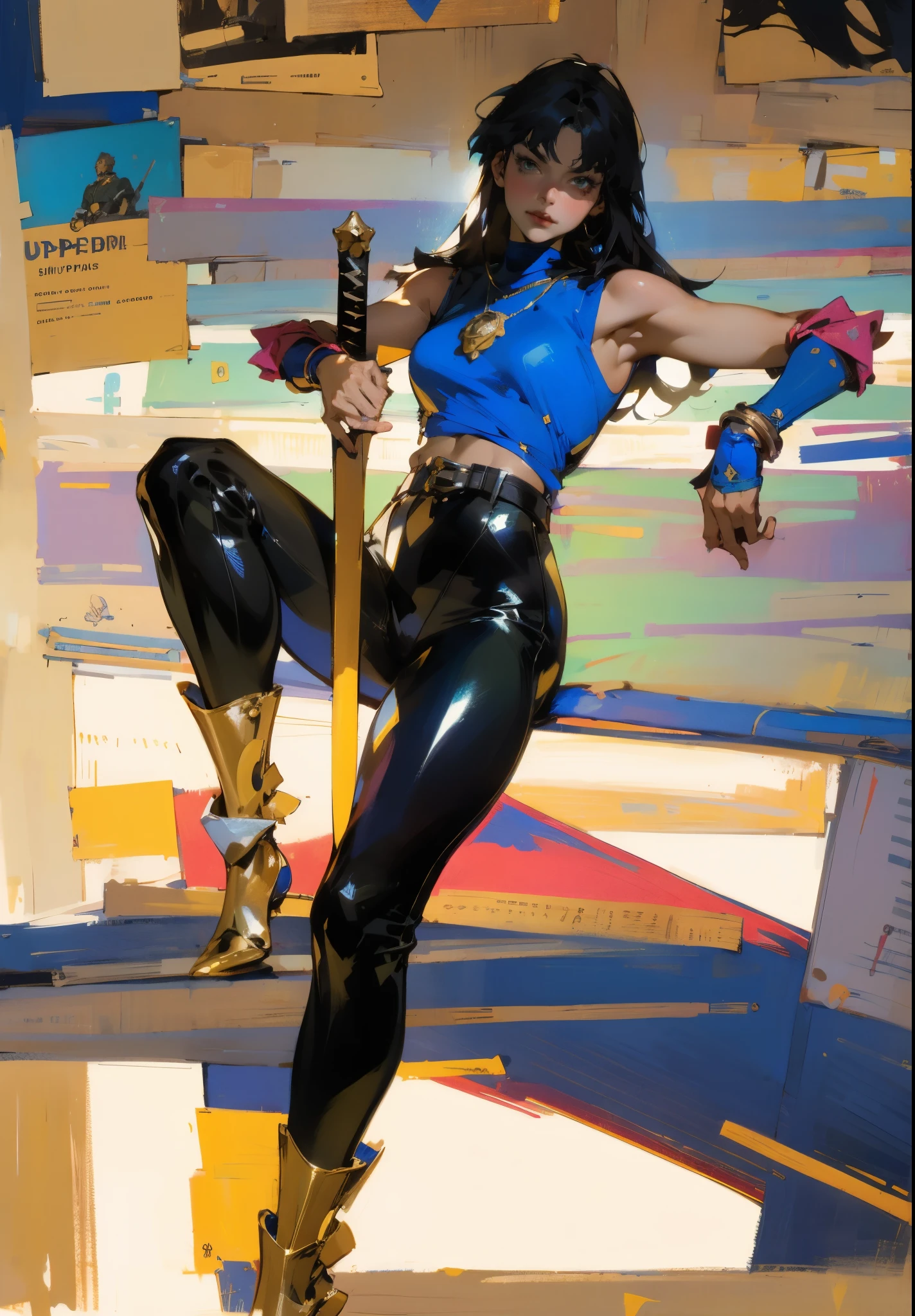 A beautiful woman with long shiny black hair, choppy bangs, a delicate face, a cold proud gaze, a fit figure, a fantasy-style high-necked leather breastplate top, sleeveless, exposes her waist, a bracelet adorns her wrist, tight-fitting leather pants, her right hand holds a longsword with a blue scabbard, she lounges casually sitting, this character embodies a finely crafted fantasy-style bounty hunter in anime style, exquisite and mature manga art style, (Alexandra Daddario:1.2), high definition, best quality, highres, ultra-detailed, ultra-fine painting, extremely delicate, professional, anatomically correct, symmetrical face, extremely detailed eyes and face, high quality eyes, creativity, RAW photo, UHD, 32k, Natural light, cinematic lighting, masterpiece-anatomy-perfect, masterpiece:1.5