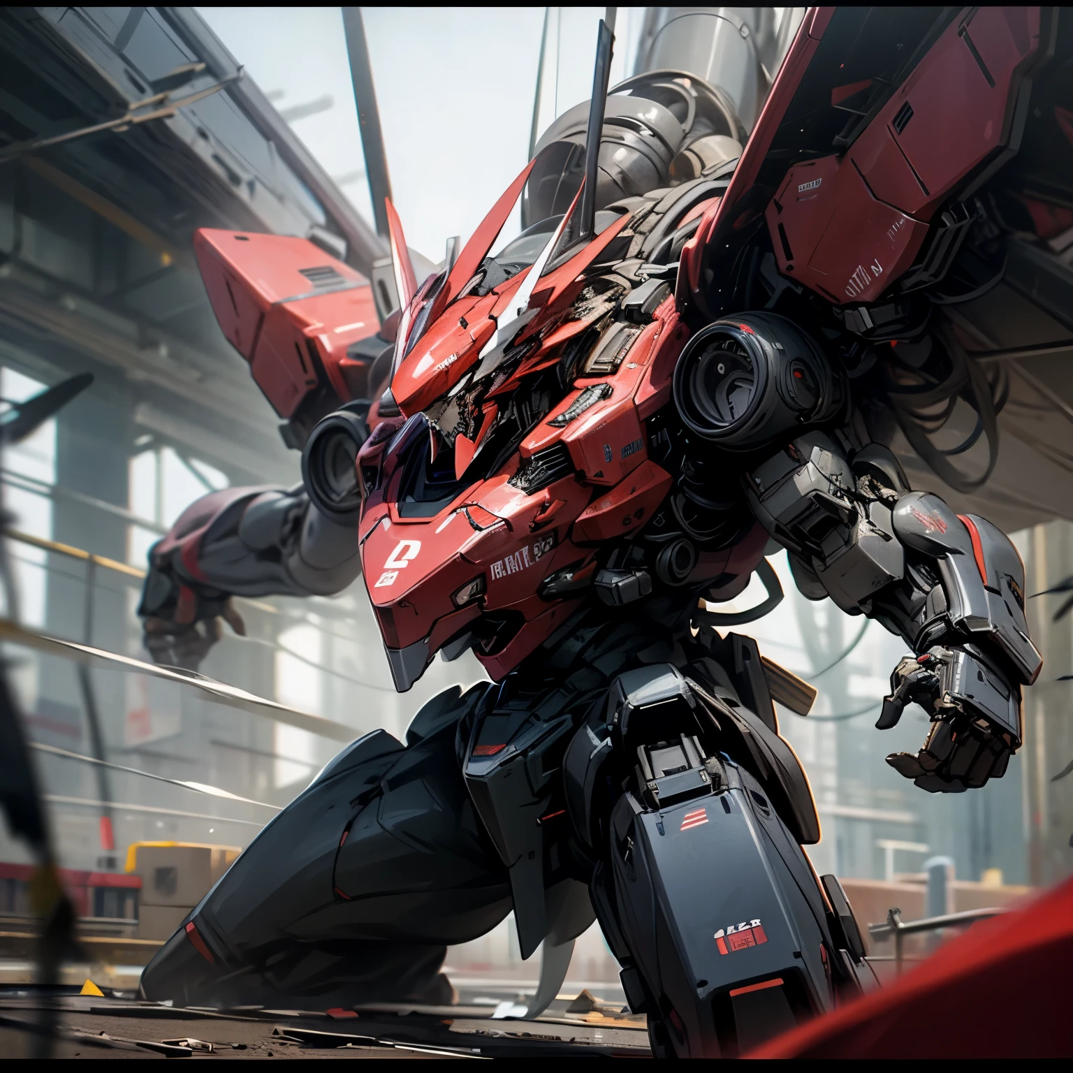 best quality, highly detailed, masterpiece, ultra-detailed, anime mecha, black color, red stripe, battlefield background