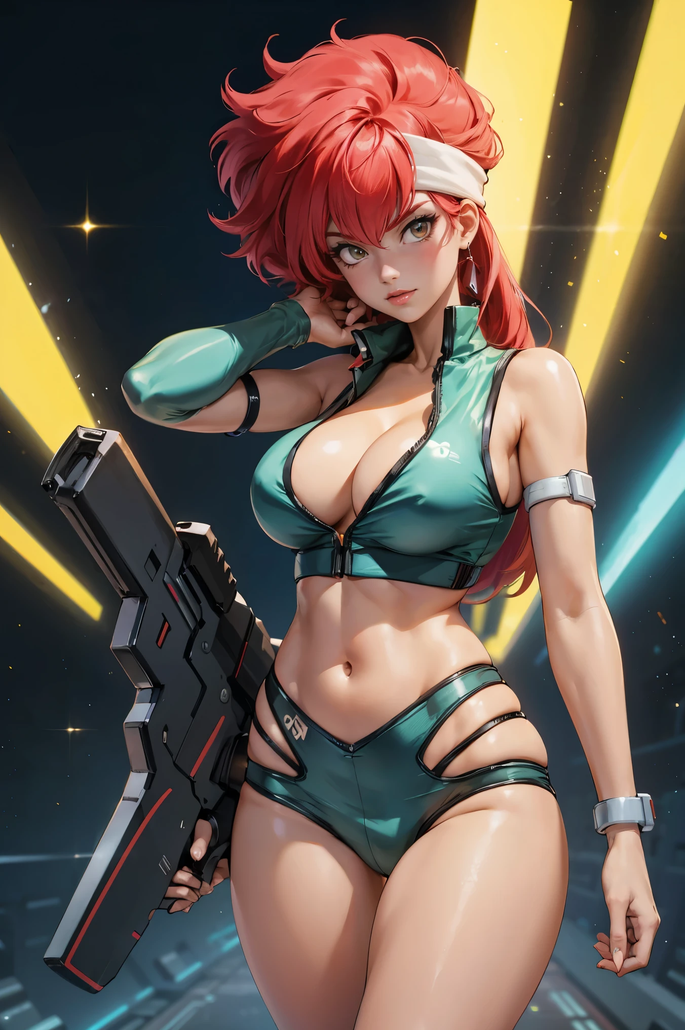 Yuri from The Dirty Pair, , wearing a tight outfit, skimpy, medium breast, (long hair), dark blue hair, beauty, cyberpunk city background, holding retro space-gun, cleavage, slim waist, slim thighs, thigh gap, (light yellow uniform), show belly
