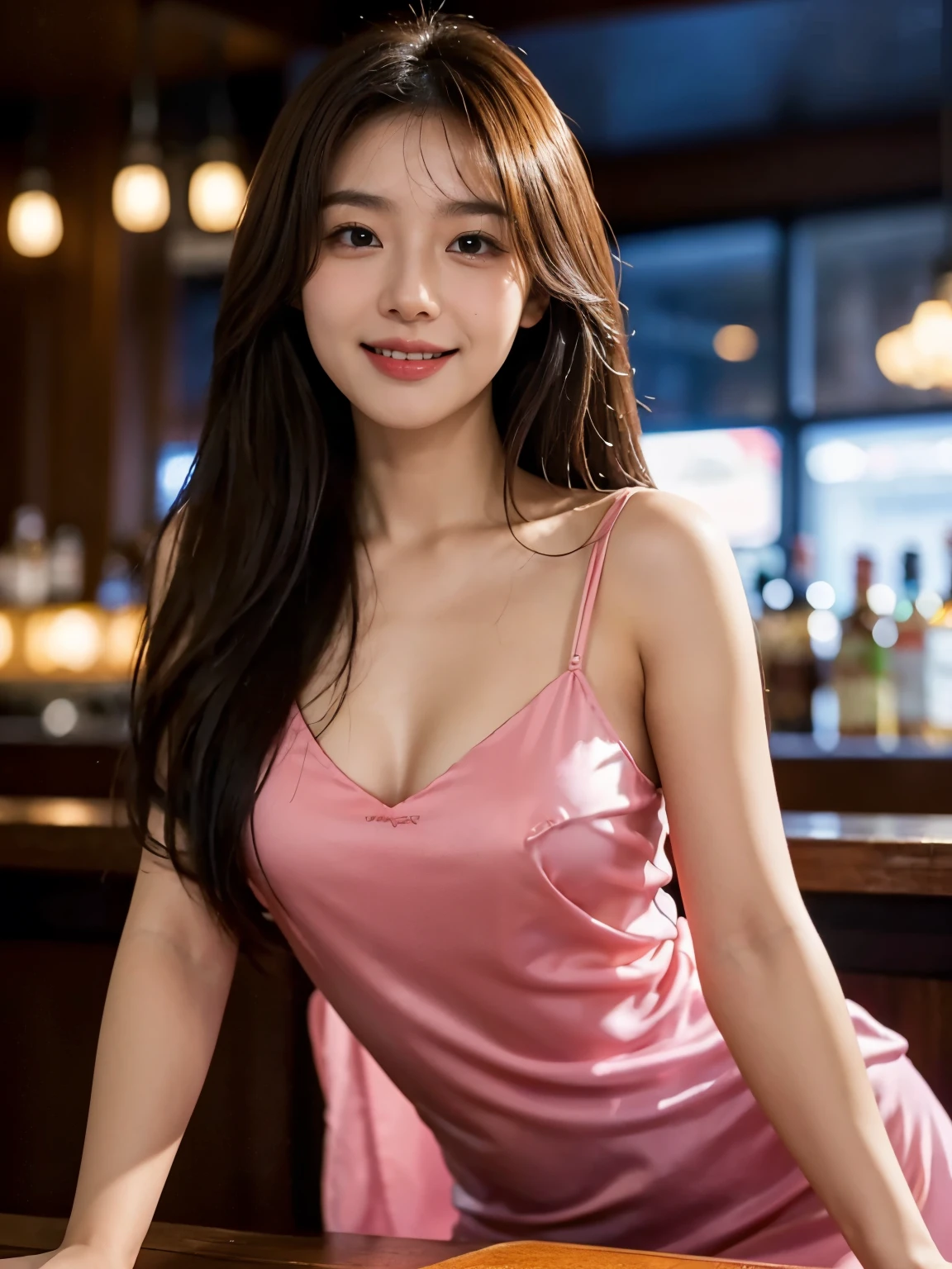 Smiling woman, in a bar, Masterpiece, 8k, raw photo, ultra realistic, highly detailed, UHD, Extreme close-up of cute Korean female, Chest size 32 inches, Long hair, slightly smile, wearing gorgeous transparent sexy short dress, in the bar, night, blurred background, body turning around, full body shot,