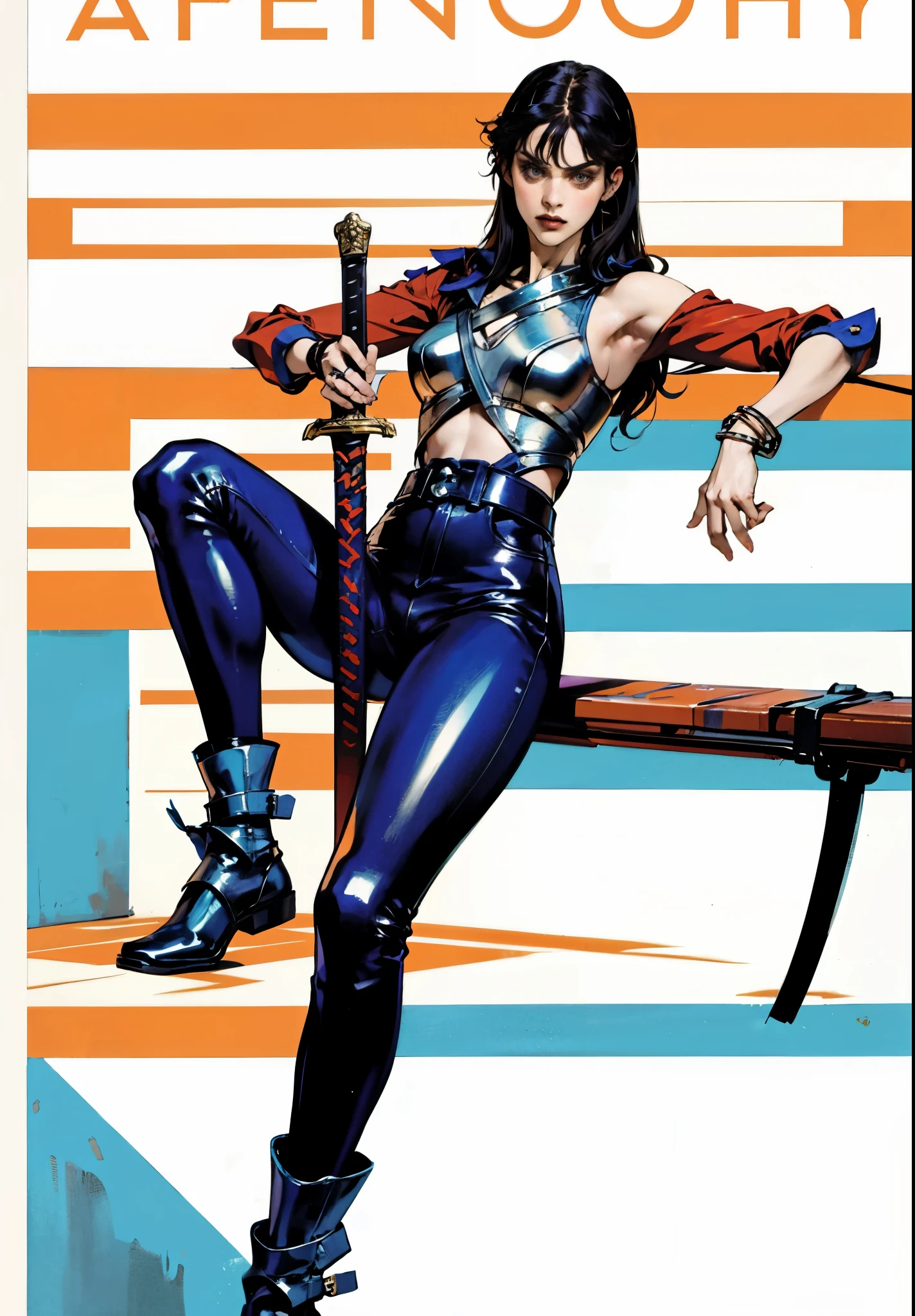 A beautiful woman with long shiny black hair, choppy bangs, a delicate face, a cold proud gaze, a fit figure, a fantasy-style high-necked leather breastplate top, sleeveless, exposes her waist, a bracelet adorns her wrist, tight-fitting leather pants, her right hand holds a longsword with a blue scabbard, she lounges casually sitting, this character embodies a finely crafted fantasy-style bounty hunter in anime style, exquisite and mature manga art style, (Alexandra Daddario:1.2), high definition, best quality, highres, ultra-detailed, ultra-fine painting, extremely delicate, professional, anatomically correct, symmetrical face, extremely detailed eyes and face, high quality eyes, creativity, RAW photo, UHD, 32k, Natural light, cinematic lighting, masterpiece-anatomy-perfect, masterpiece:1.5
