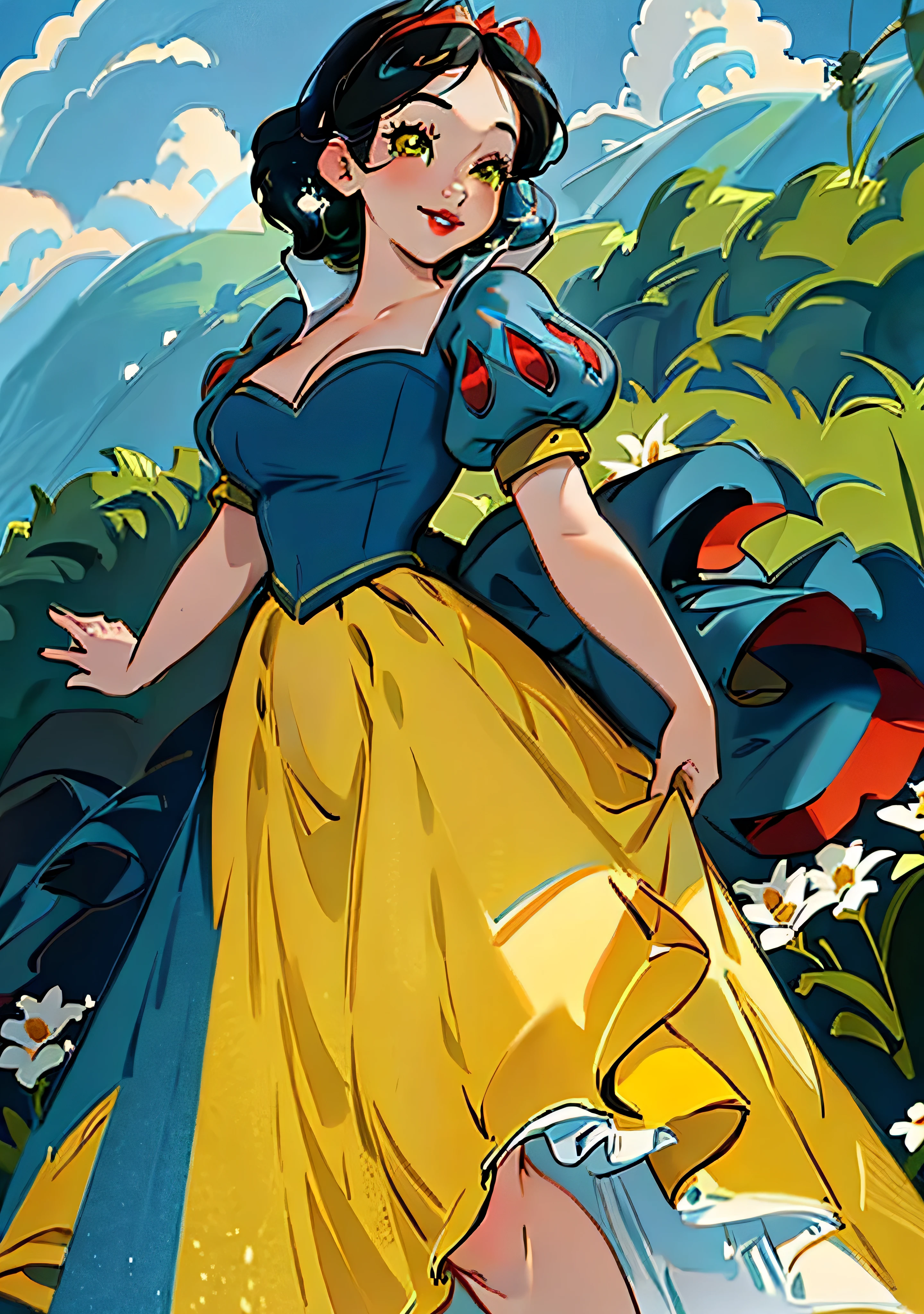 SnowPrincessw, 1girl, smiling, sexy, looking at viewer, puffy short hair, black hair, blue dress, yellow eyes, puffy sleeves, yellow skirt, red ribbon atop head, seen from below, sexy pose, big breasts, cleavage, curvy, big eyes, cute, thick thighs, low cut top, realistic, realism, masterpiece, best quality, ultra detailed, 8k, 4k, intricate, full body shot, cowboy shot, 85mm, light particles, lighting, castle, field, grass, mountains, flowers, sky, clouds, dynamic angle, dynamic pose, line of action, wide shot, daylight, solo