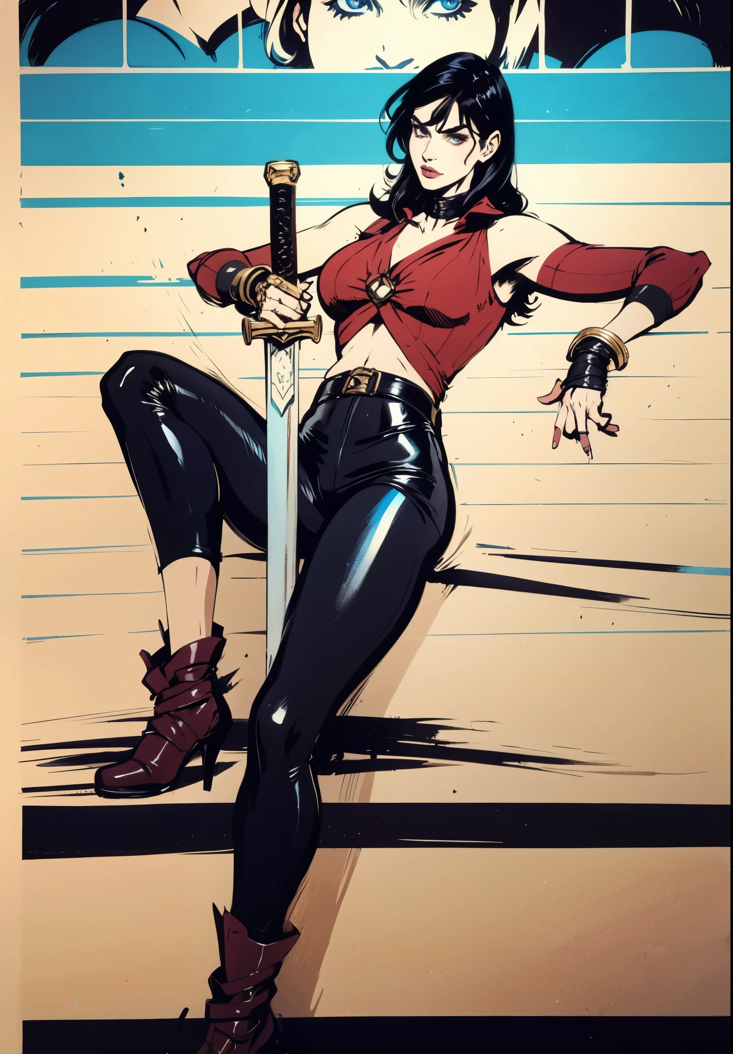 A beautiful woman with long shiny black hair, choppy bangs, a delicate face, a cold proud gaze, a fit figure, a fantasy-style high-necked leather breastplate top, sleeveless, exposes her waist, a bracelet adorns her wrist, tight-fitting leather pants, her right hand holds a longsword with a blue scabbard, she lounges casually sitting, this character embodies a finely crafted fantasy-style bounty hunter in anime style, exquisite and mature manga art style, (Alexandra Daddario:1.2), high definition, best quality, highres, ultra-detailed, ultra-fine painting, extremely delicate, professional, anatomically correct, symmetrical face, extremely detailed eyes and face, high quality eyes, creativity, RAW photo, UHD, 32k, Natural light, cinematic lighting, masterpiece-anatomy-perfect, masterpiece:1.5