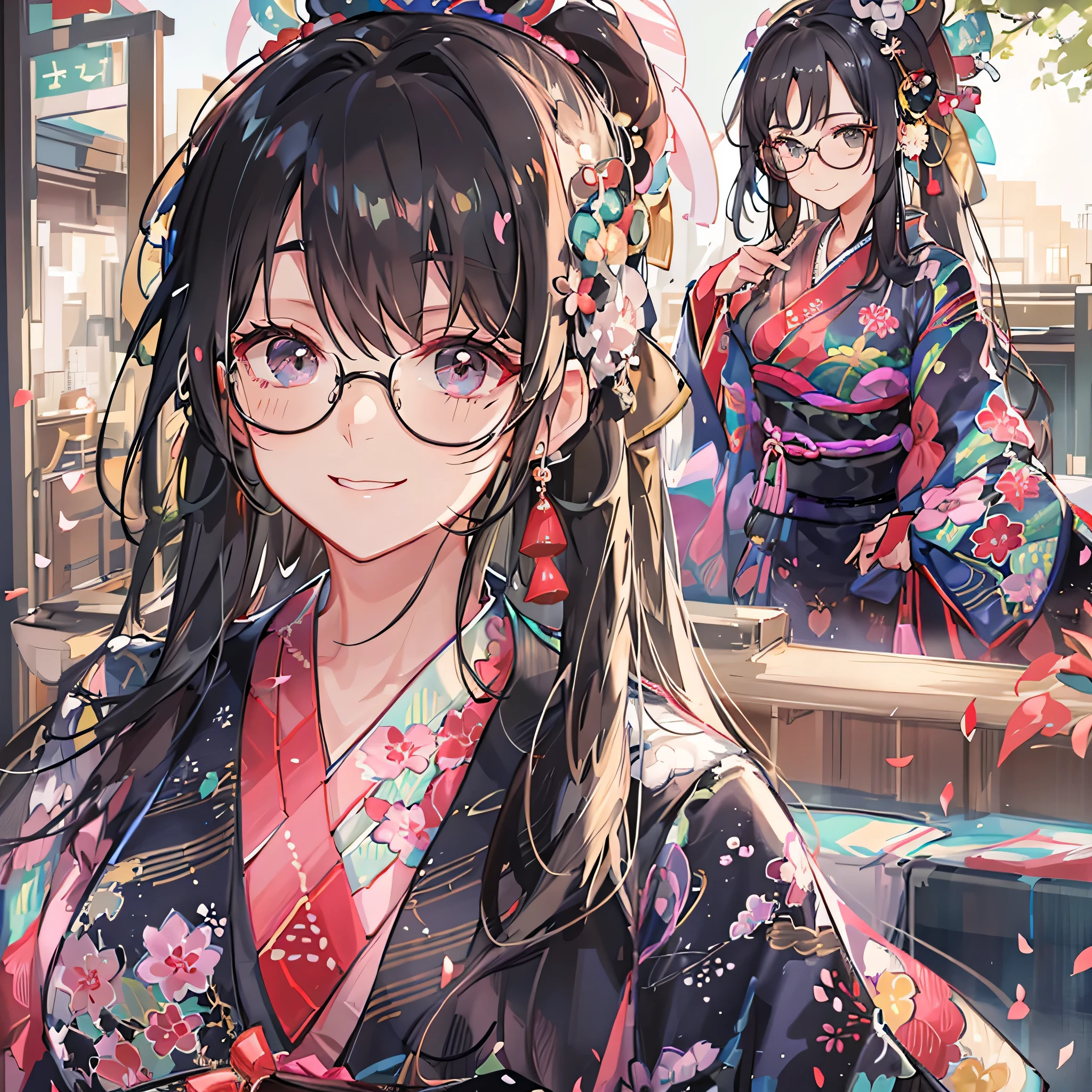 ((masterpiece、highest quality、detailed))、smile,vivid color 、strong sunlight,8k、Haigress、(Glasses),(beautiful black hair:1.2),(transparent hair, translucent hair:1.6),(silky hair, shiny hair:1.2), (ponytail:1.5),messy hair、(beautiful brown eyes, translucent eyes:1.1)、(kimono,beautiful kimono:1.6),slight smile、mature、very detailed beautiful girl、big breasts,lens flare 