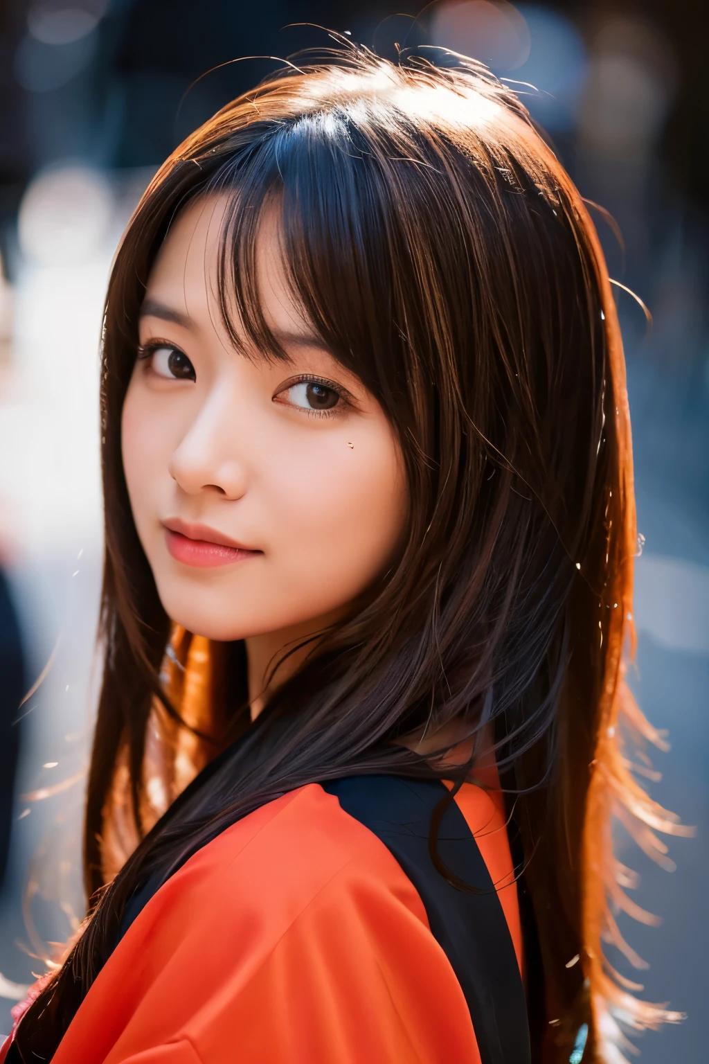 Beautiful Japanese supermodel woman, A lock of hair with slight highlights, black eyes, Sexy，street background，Gorgeous kimono , Liquid color flows across her face, Shooting against the light，Perfect facial lighting，mixed media