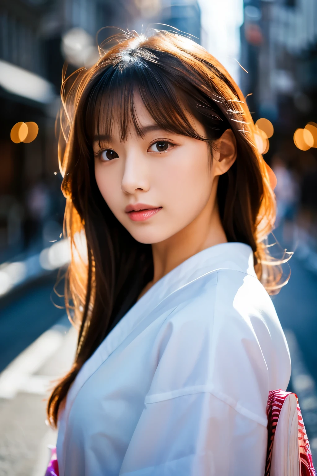 Beautiful Japanese supermodel woman, A lock of hair with slight highlights, black eyes, Sexy,street background,Gorgeous kimono , Liquid color flows across her face, Shooting against the light,Perfect facial lighting,mixed media