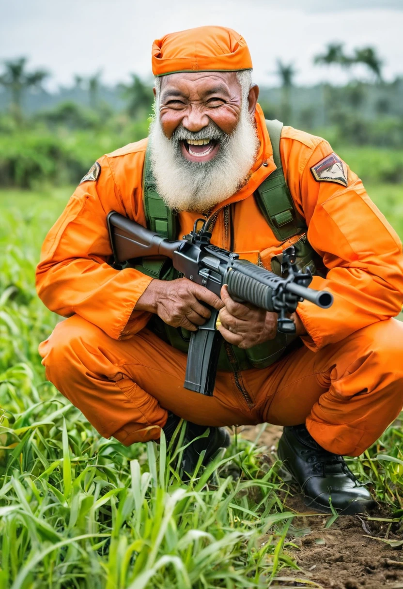 (((a dark-skinned fat bearded elderly old men in orange pilot suit))) crouching in a field, (((wearing green army helmet on his head))), holding a gun, wearing army boots, Bruce Onobrakpeya, sumatraism, stanley artgermm, masculine, full round face, a stock photo, laughing, action pose
