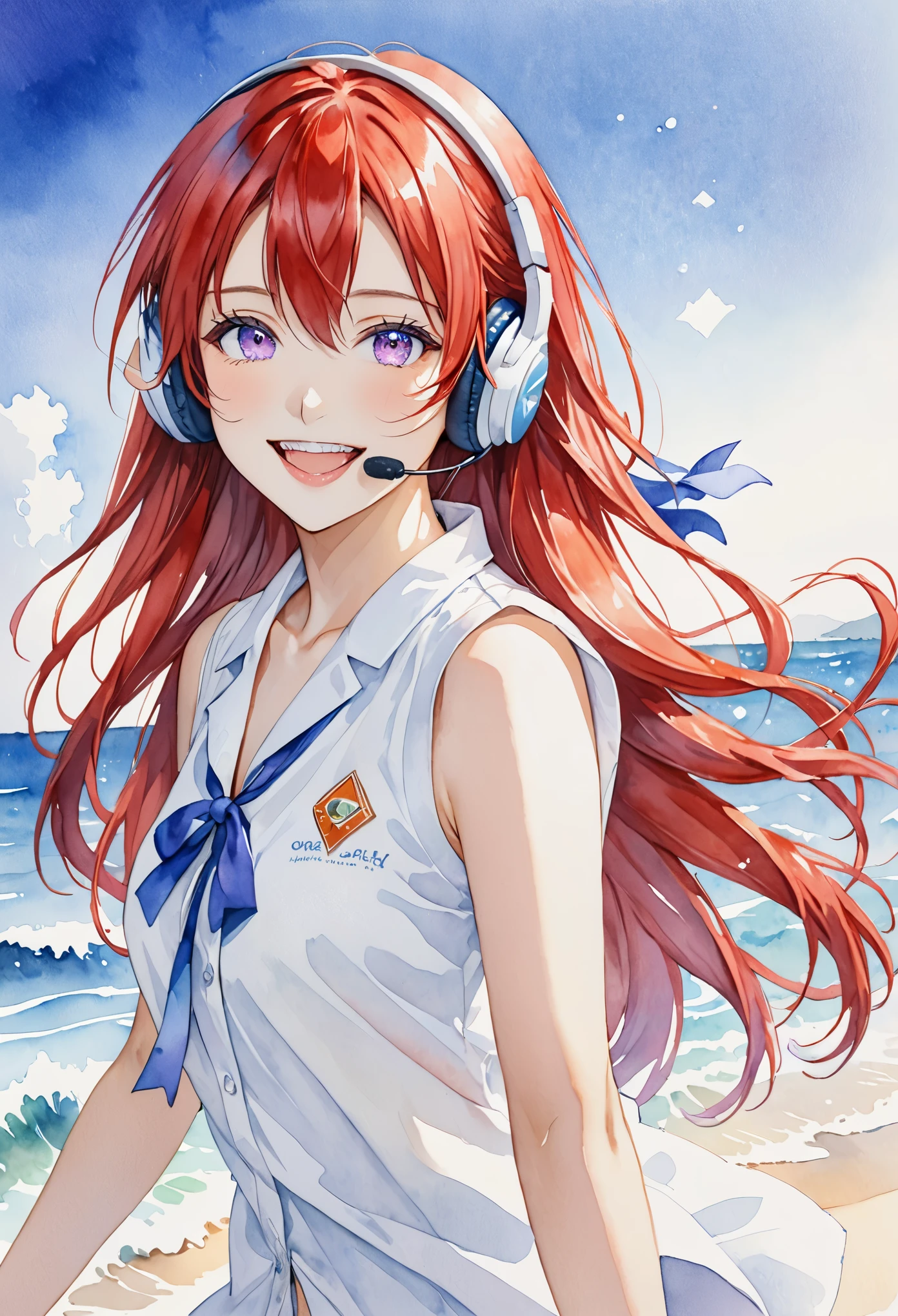 Uta (piece), oDa Eiichiro,, , 1 girl, :D, 瀏Ocean, blue ribbon, DiamonD-shapeD pupils, DiamonD (shape), hair between eyes, heaDphones, long hair, multicoloreD hair, open mouth, purple eyes, reD hair, ribbon, shirt, sign, sleeveless, sleeveless shirt, Smile, alone, ((Colored hair)), symbol-shapeD pupils, white hair, white shirt, Ocean, one eye covereD, watercolor,, ,