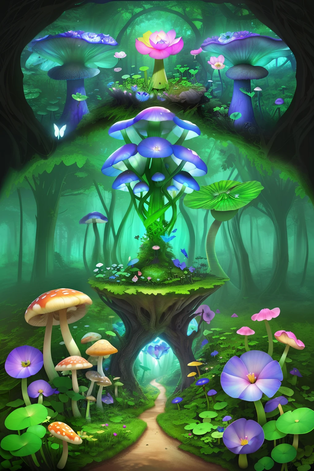 "Mushroom forest with glass goblet,s fractal art,morning glory,butterflys,Various insects,tropical fishes,rosette,lotuses,four-leaf clover,morning glory,peach blossom,Cyber Mushroom Forest,Ultra-detailed digital fantasy art。Mushrooms are everywhere in the picture,The unique mushroom shape creates a magical casa scene。"