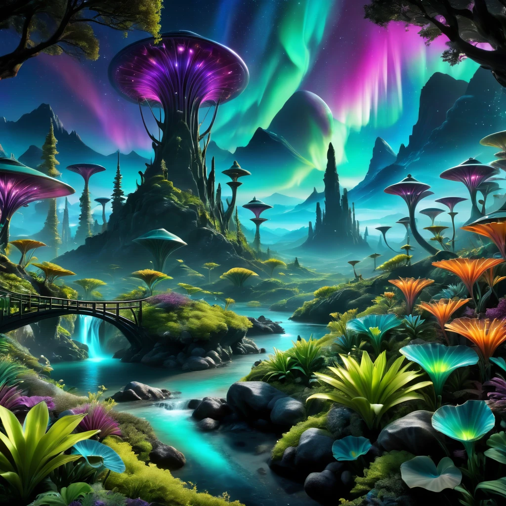 alien landscape:1.5, (Best quality, master of peace: 1.3), (hyper-detailed, hyper-realistic color: 1.5), A cosmic garden of exotic flora and surreal mountains.... At night northern lights, the landscape is illuminated by bioluminescence..., perfect composition, Best exposure, (golden ratio: 1.2), HDR, dramatic, cinematic lighting, trend in artstation, Trends in CG society, professional photography, immense detail, ((perfect: 1.3, meticulously detailed: 1.5, Flawless, High Definition: 1.4, Cinematic: 1.4), ((Workmaster)), (Hyper Detailed: 1.4 ), (Photorealistic: 1.4), Epic, Night: 1.4, 32k.