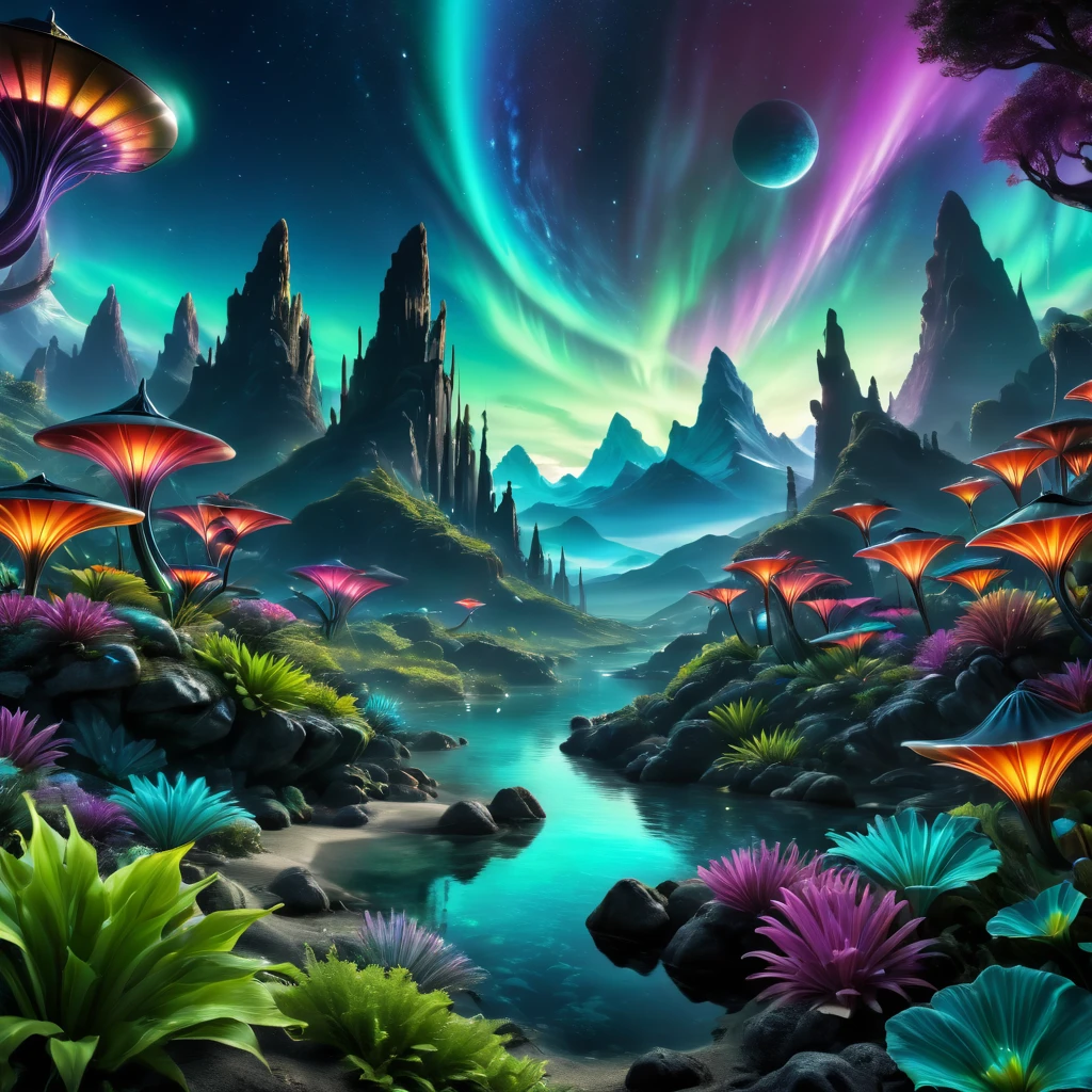 alien landscape cliffs: 1.5, (Best quality, master of peace: 1.3), (hyper-detailed, hyper-realistic color: 1.5), cosmic, exotic and surreal mountains.... At night northern lights, the landscape is illuminated by bioluminescence. .., perfect composition, Best exposure, (golden ratio: 1.2), HDR, dramatic, cinematic lighting, trend in artstation, Trends in CG society, professional photography, immense detail, ((perfect: 1.3, meticulously detailed: 1.5, Flawless, High Definition: 1.4, Cinematic: 1.4), ((Job Master)), (Hyper Detailed: 1.4 ), (Photorealistic: 1.4), Epic, Night: 1.4, 32k.