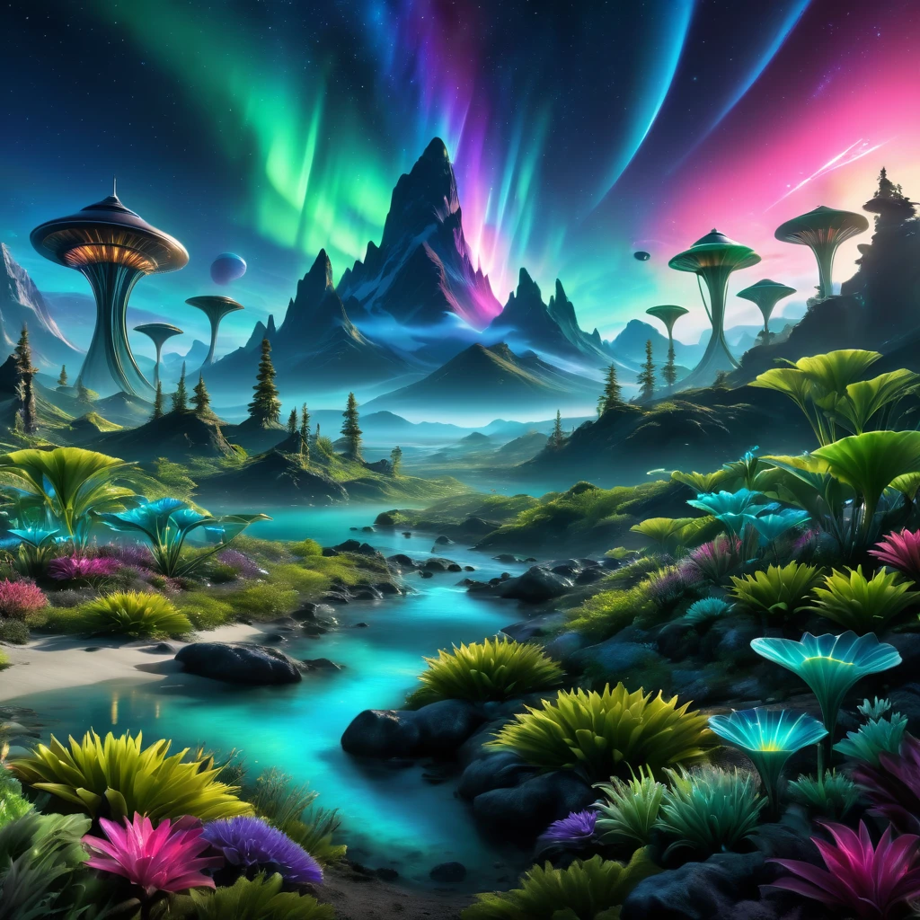 alien landscape:1.5, (Best quality, master of peace: 1.3), (hyper-detailed, hyper-realistic color: 1.5), A cosmic garden of exotic flora and surreal mountains.... At night northern lights, the landscape is illuminated by bioluminescence..., perfect composition, Best exposure, (golden ratio: 1.2), HDR, dramatic, cinematic lighting, trend in artstation, Trends in CG society, professional photography, immense detail, ((perfect: 1.3, meticulously detailed: 1.5, Flawless, High Definition: 1.4, Cinematic: 1.4), ((Workmaster)), (Hyper Detailed: 1.4 ), (Photorealistic: 1.4), Epic, Night: 1.4, 32k.