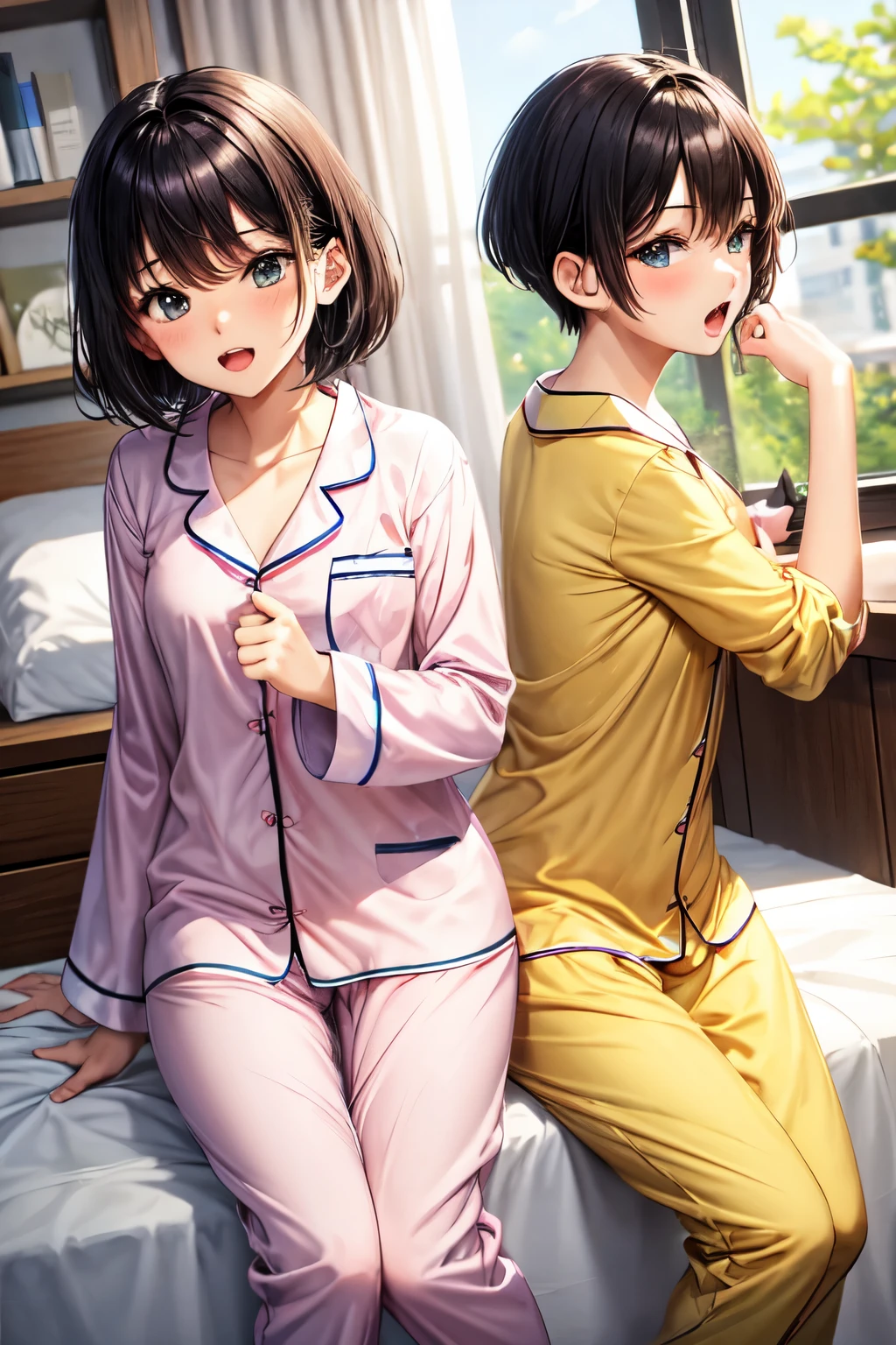 , pajama, cute, yawn, bed, short hair, bang