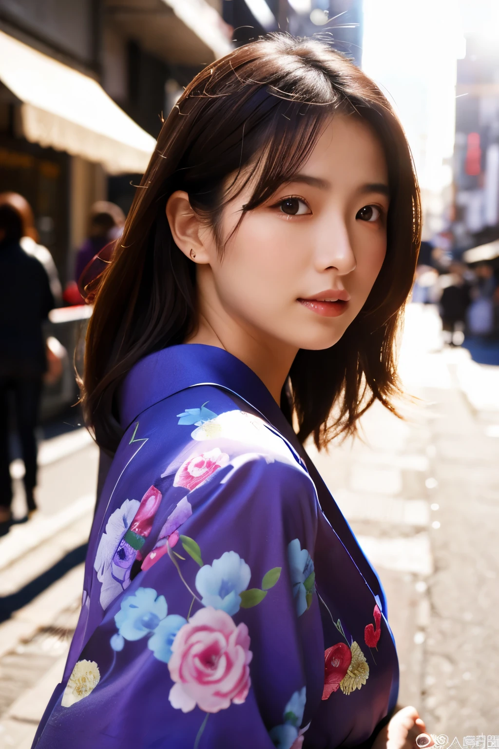 Beautiful Japanese supermodel woman, A lock of hair with slight highlights, black eyes, Sexy，street background，Gorgeous kimono , Liquid color flows across her face, Shooting against the light，Perfect facial lighting，mixed media
